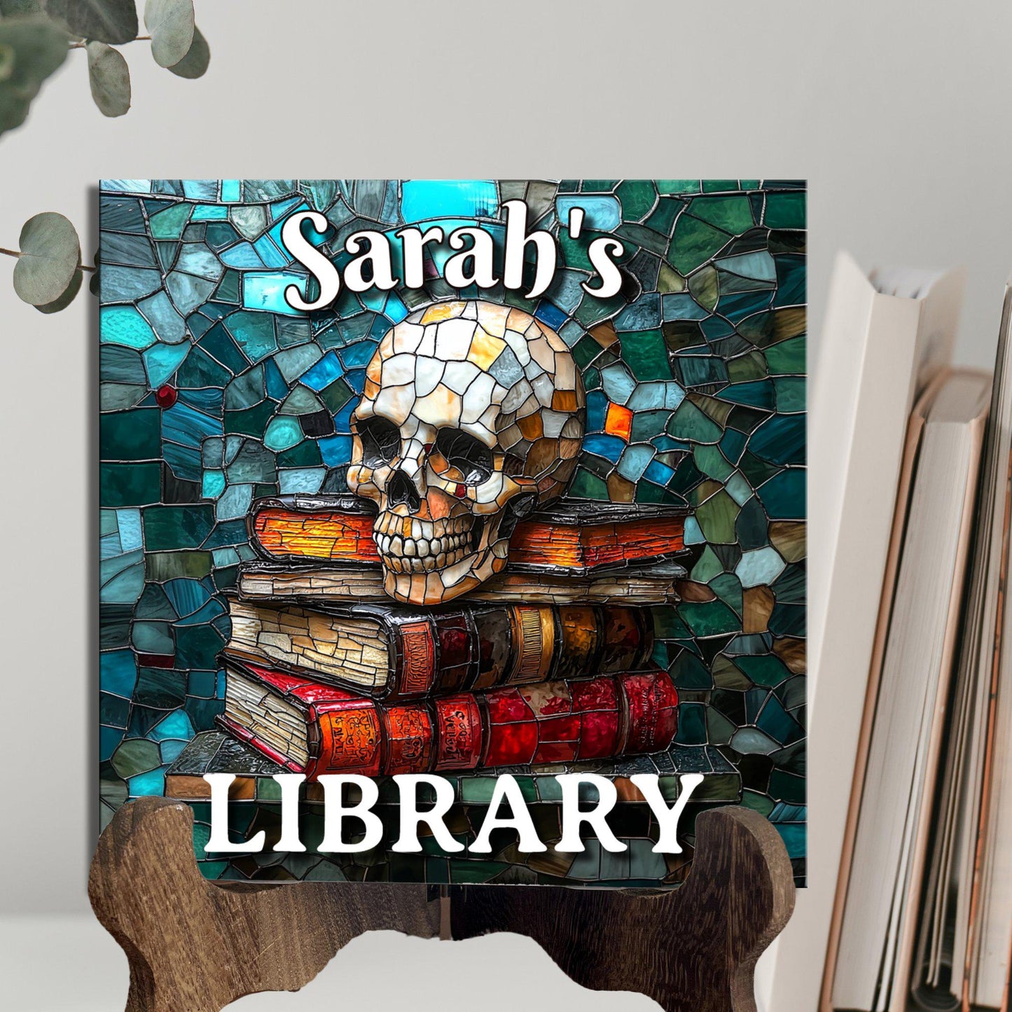 Skull Stack of Books Personalized Library Sign Customized Bookshelf Sign with Stand Book Lover Gift for Her Bestie