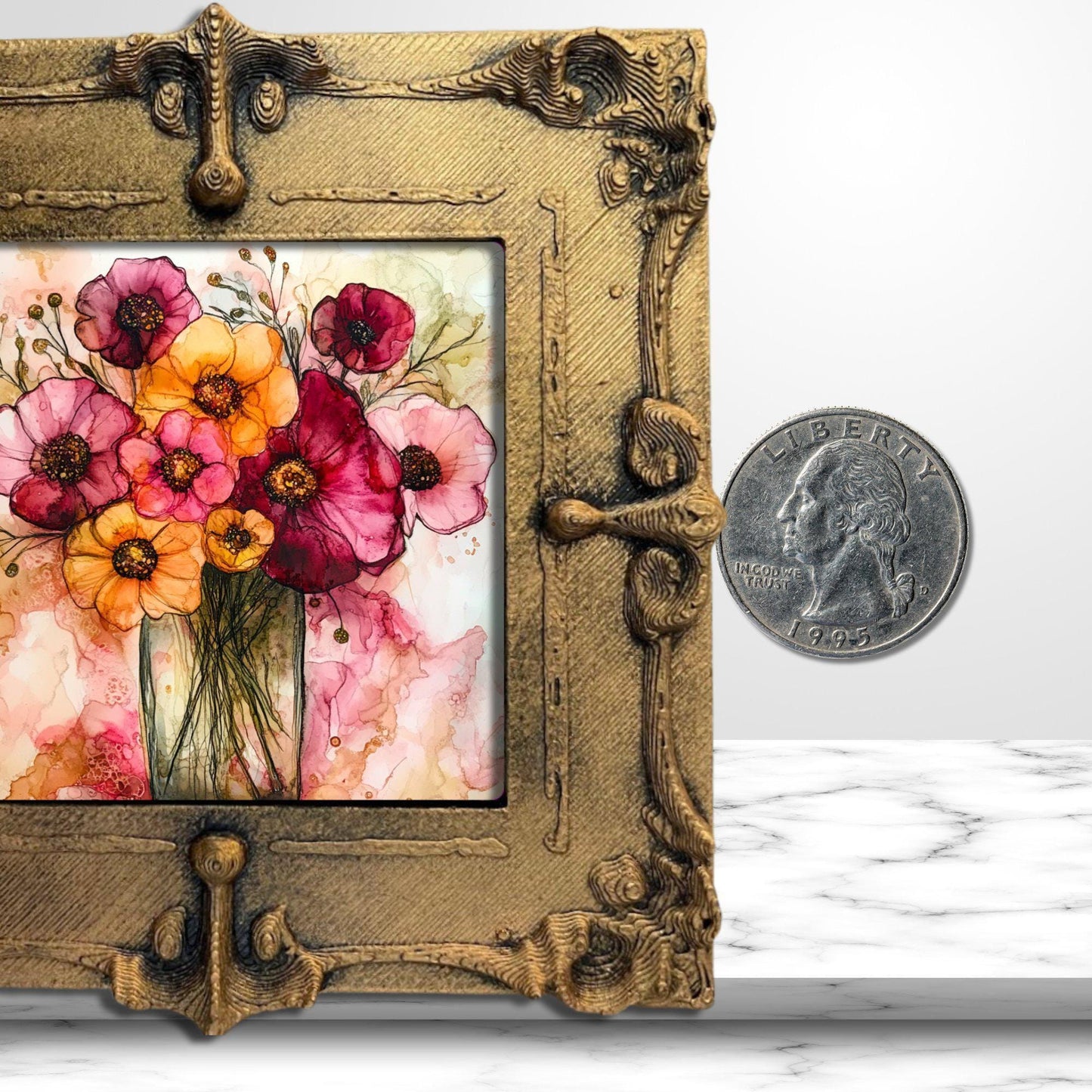 Flowers in a Vase Gold Framed Refrigerator Magnet, Mini Art, Grand Millennial Style, Artful Kitchen Decor, Gift for Her fridgescaping