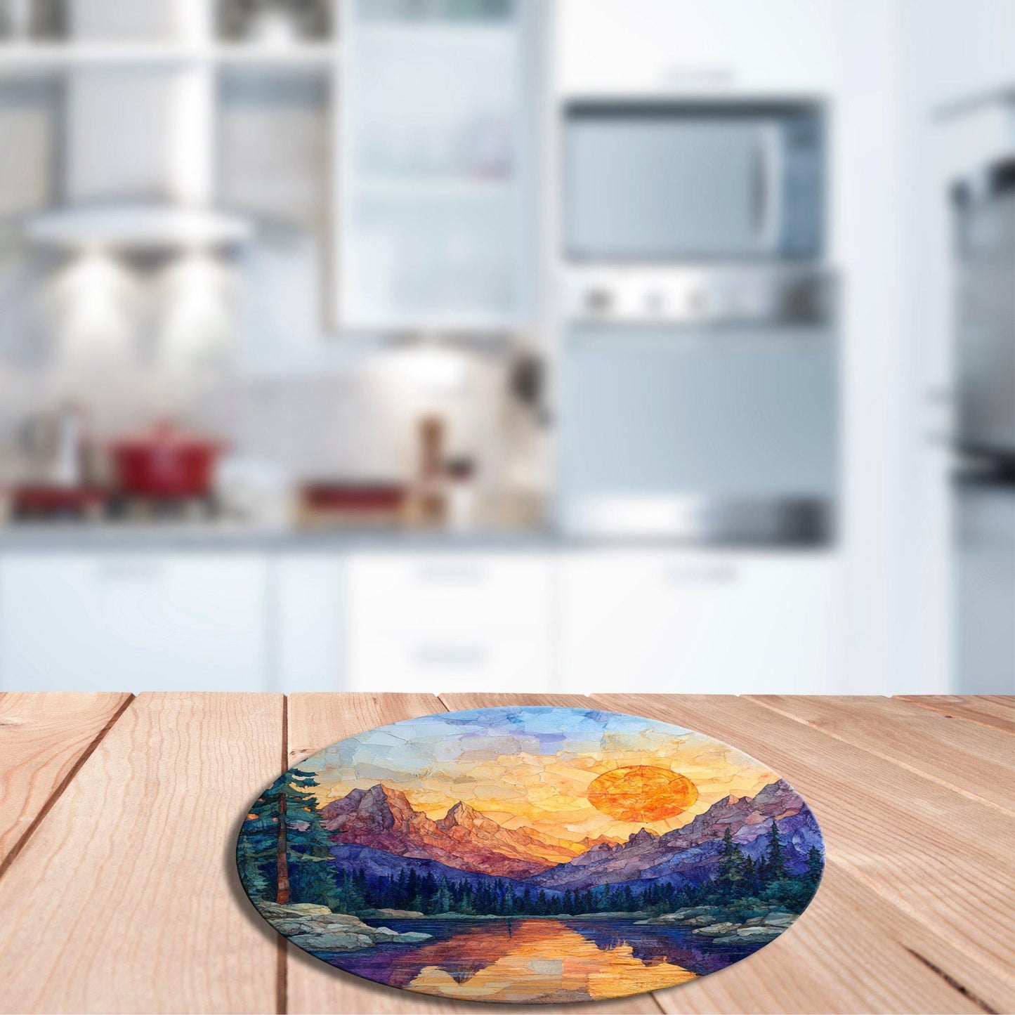 Rocky Mountain Sunrise Glass Cutting Board 8-inch Round Trivet Charcuterie Board Gift for Her Mom Kitchen Decor