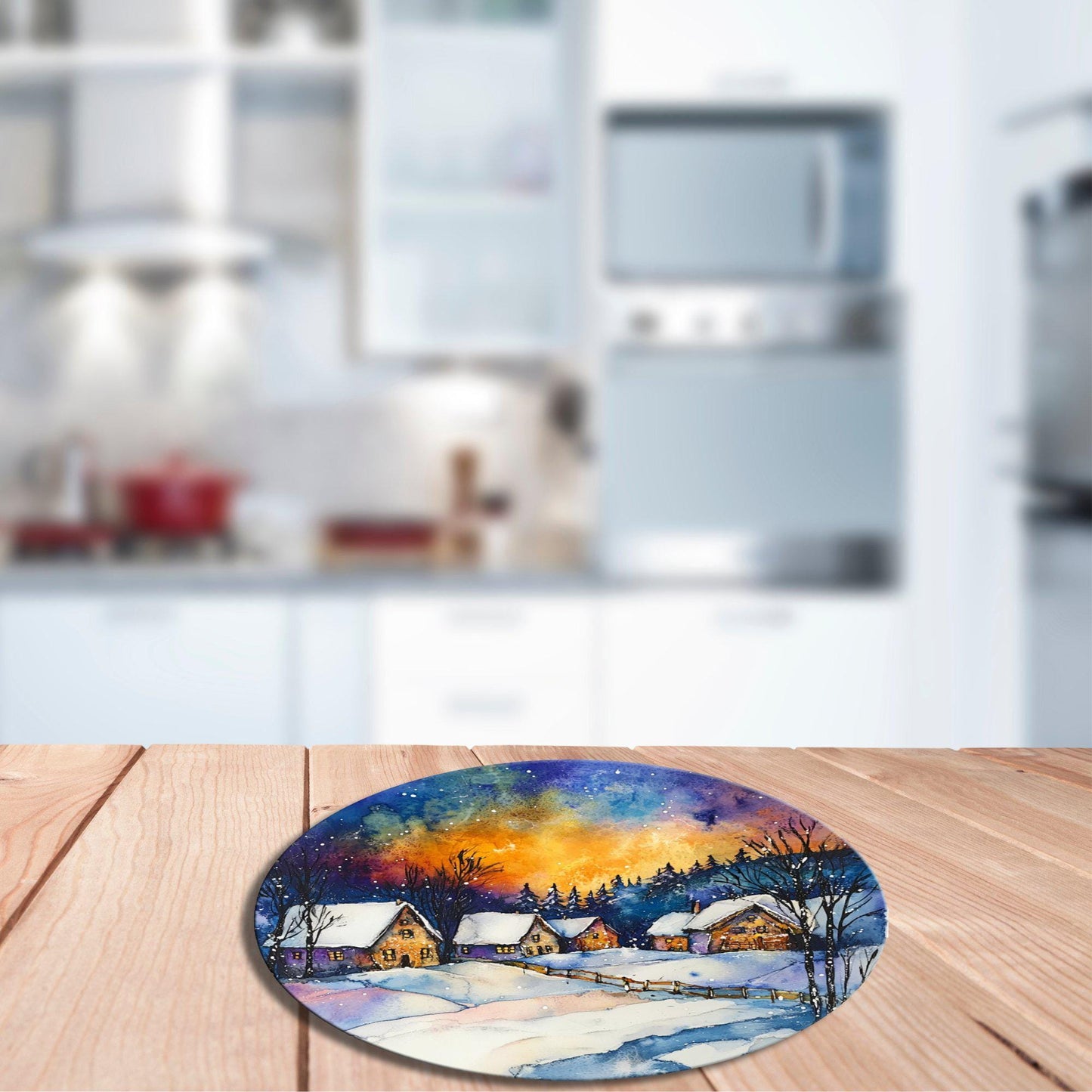 Northern Lights Christmas Glass Cutting Board 8-inch Round Trivet Charcuterie Board Gift for Her Mom Kitchen Decor