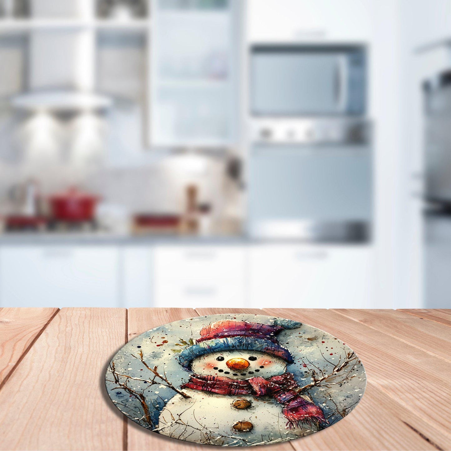 Snow Man Glass Cutting Board 8-inch Round Trivet Charcuterie Board Gift for Her Mom Kitchen Decor