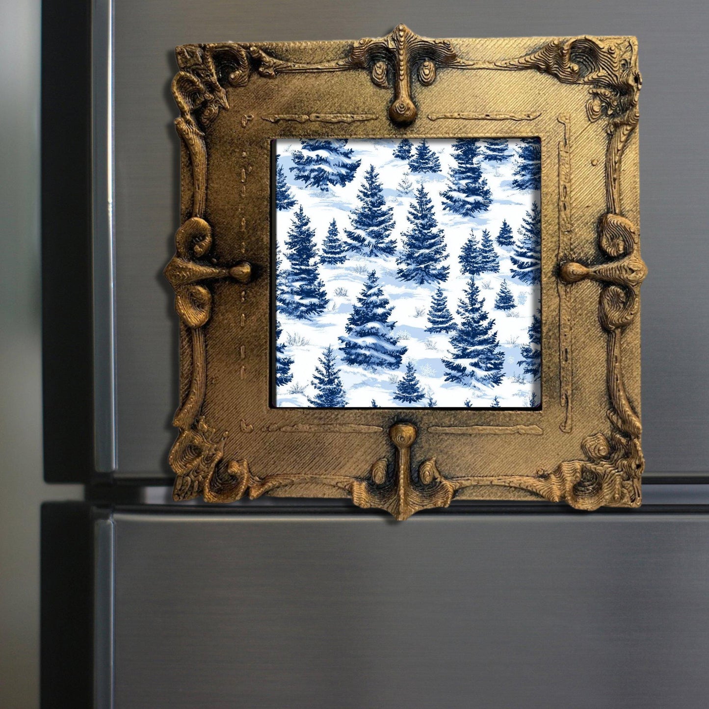 Blue Toile Snowy Christmas Tiny Art Fridge Magnet Gold Framed Fridgescaping Art Picture Gallery Tiny Art Gift for Her Wife Mom