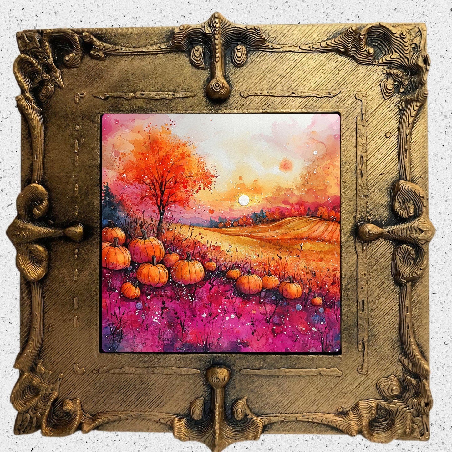 Pumpkins Pink and Orange Gold Framed Refrigerator Magnet, Mini Art, Grand Millennial Style, Artful Kitchen Decor, Gift for Her fridgescaping