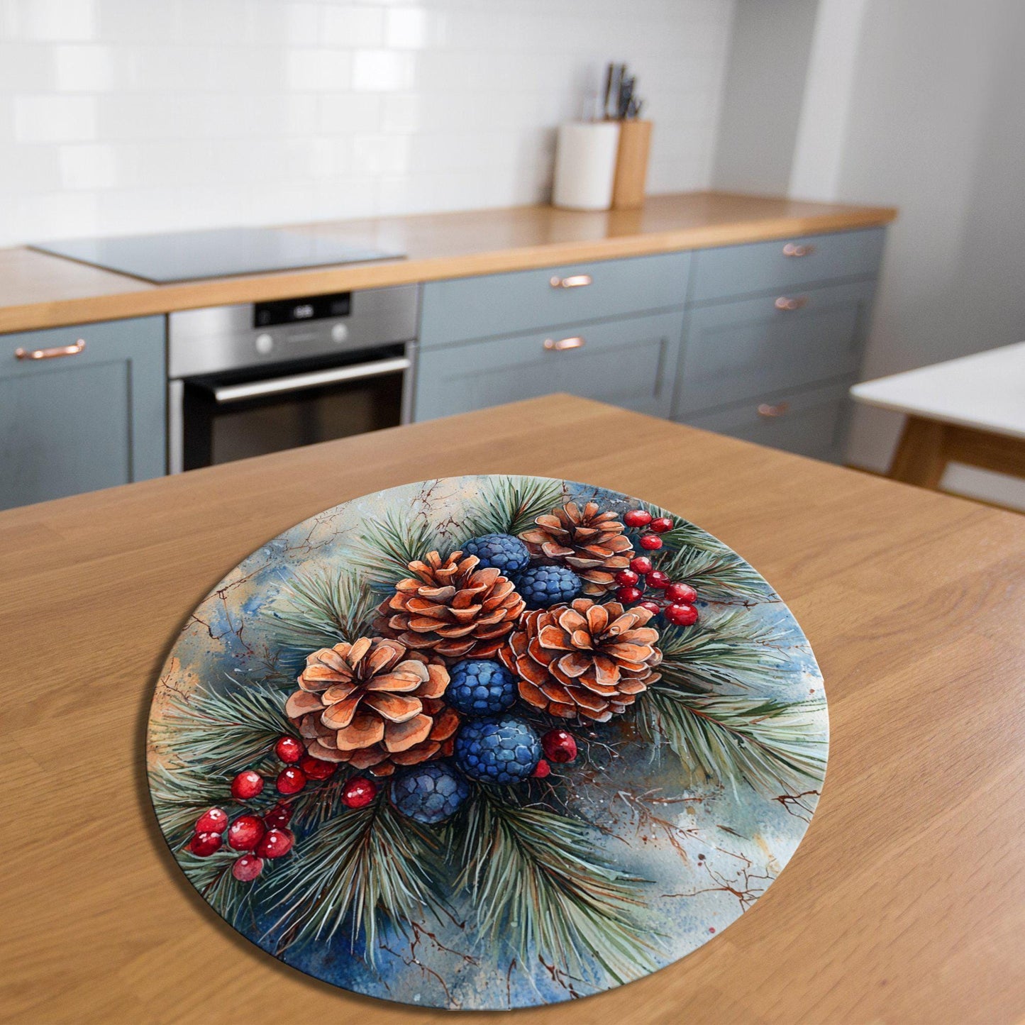 Pinecones Berries Glass Cutting Board 8-inch Round Trivet Charcuterie Board Gift for Her Mom Kitchen Decor