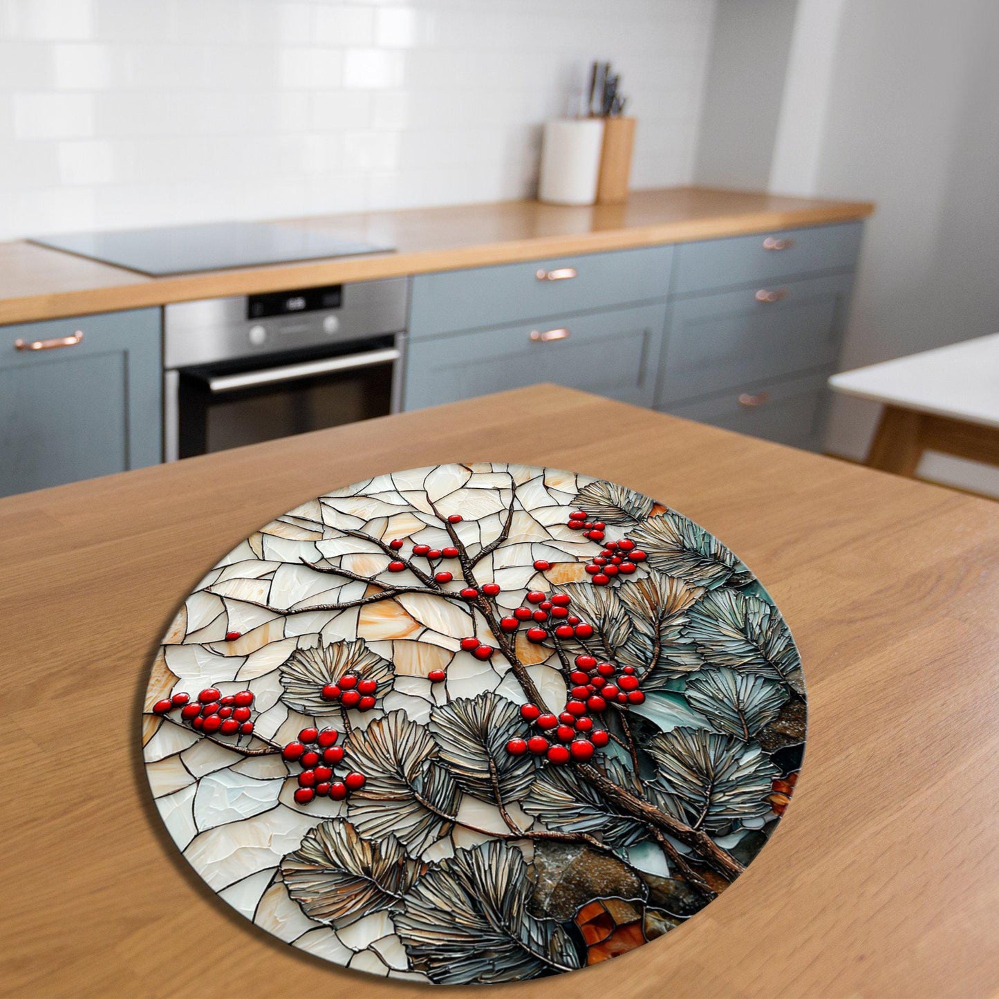 Red Berries in Winter Glass Cutting Board 8-inch Round Trivet Charcuterie Board Gift for Her Mom Kitchen Decor