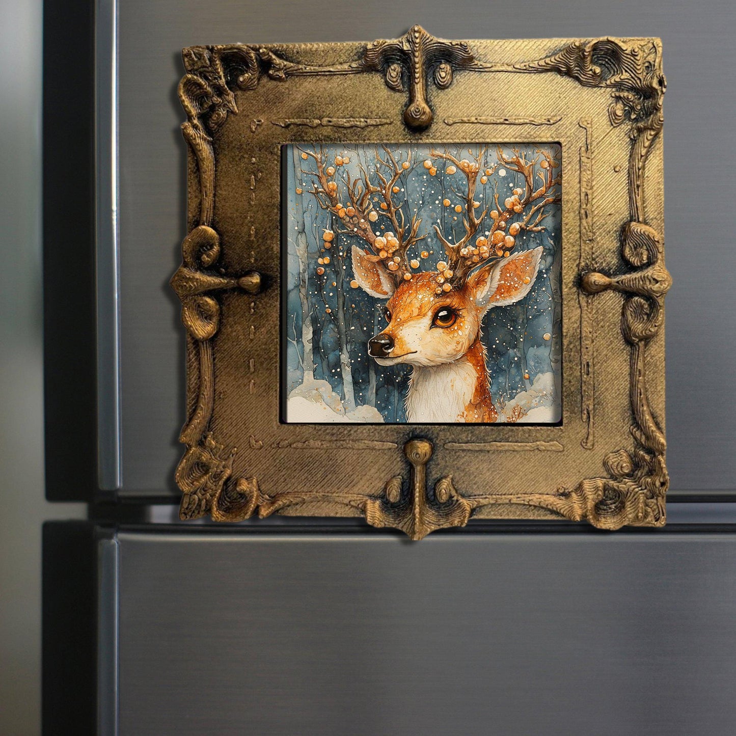 Reindeer Christmas Tiny Art Fridge Magnet Gold Framed Fridgescaping Art Picture Gallery Tiny Art Gift for Her Wife Mom