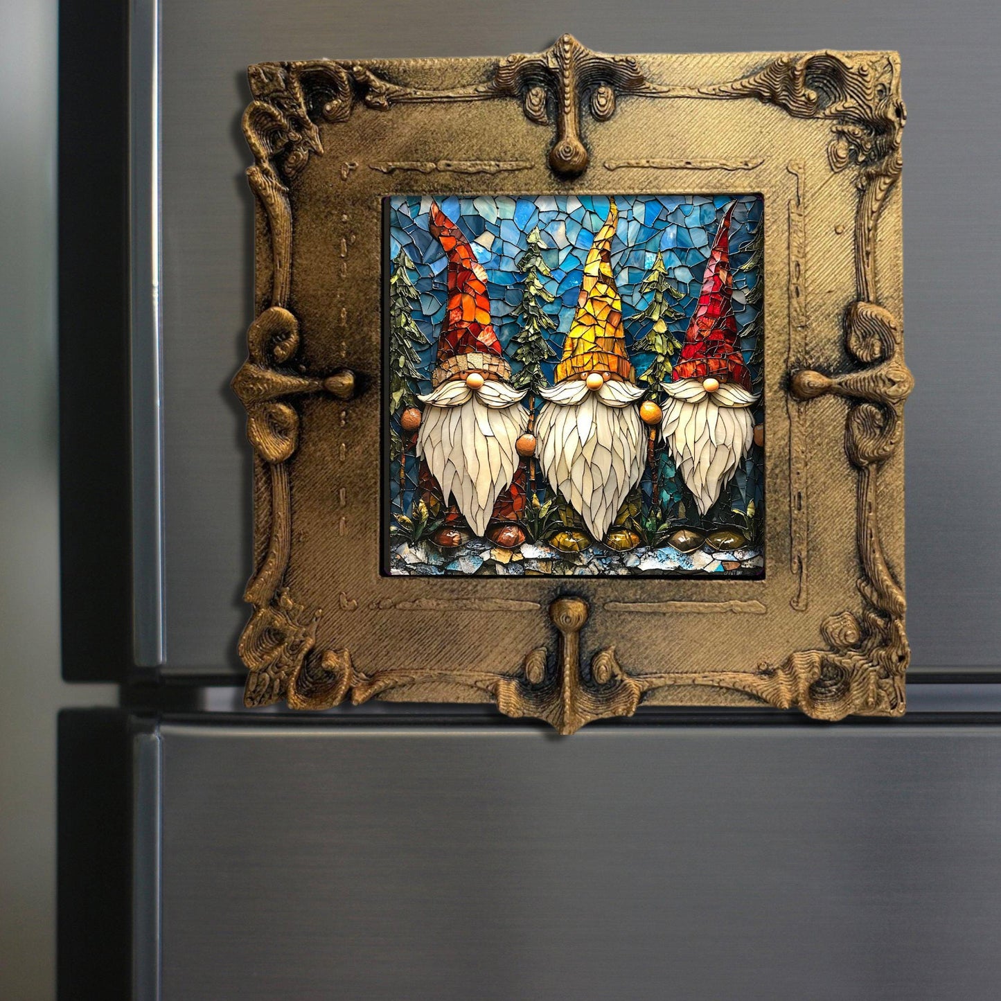 Row of Christmas Gnomes Tiny Art Fridge Magnet Gold Framed Fridgescaping Art Picture Gallery Tiny Art Gift for Her Wife Mom