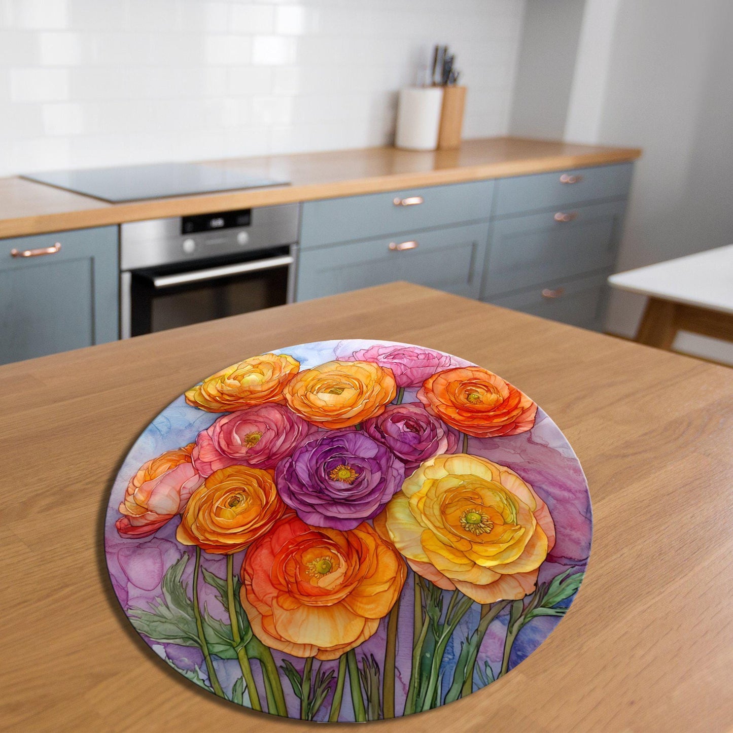 Ranunculus bouquet Glass Cutting Board 8-inch Round Trivet Charcuterie Board Gift for Her Mom Kitchen Decor