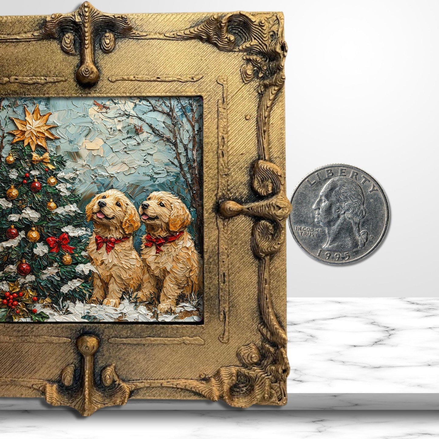 Puppy Christmas Tree Tiny Art Fridge Magnet Gold Framed Fridgescaping Art Picture Gallery Tiny Art Gift for Her Wife Mom