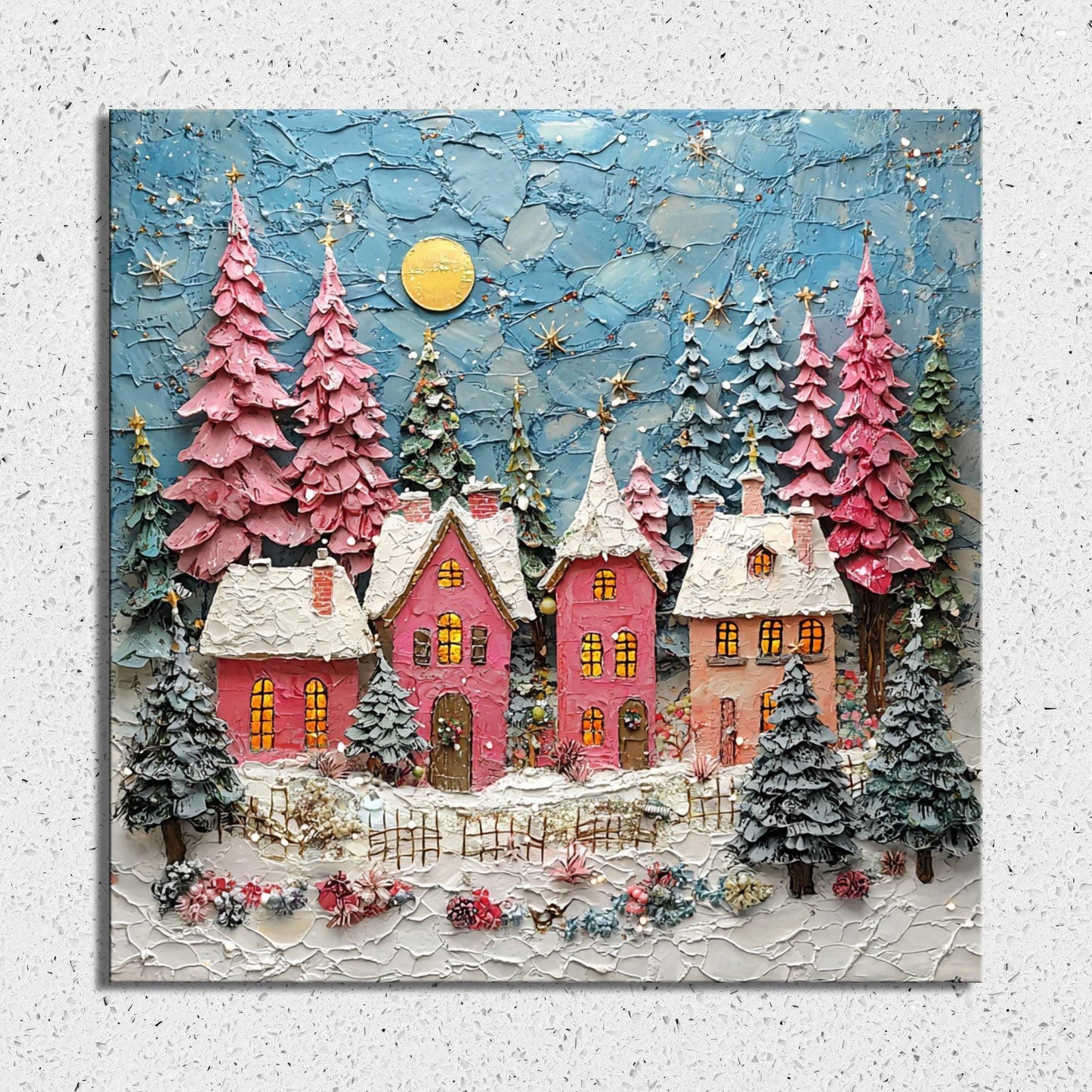 Pink Christmas Village Fridge Magnet 2-inch Strong Refrigerator Magnet Kitchen Decor Dopamine Ceramic Tile Art Gift for Her fridgescaping