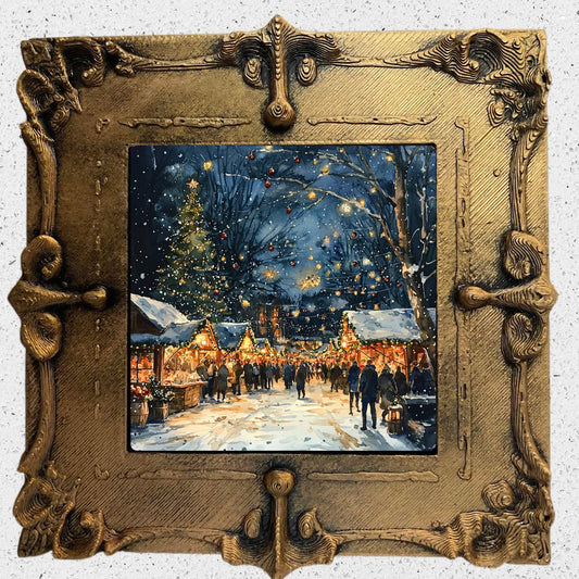 Christmas Market at Night Tiny Art Fridge Magnet Gold Framed Fridgescaping Art Picture Gallery Tiny Art Gift for Her Wife Mom