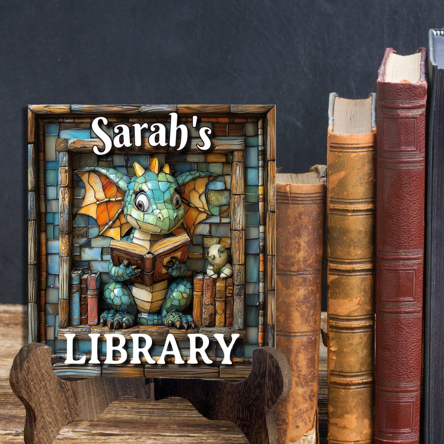 Dragon Reading Personalized Library Sign Book Lover Bookworm Biblio Gift Book Nook Shelf Decor Booktoker-Gift for Bookish