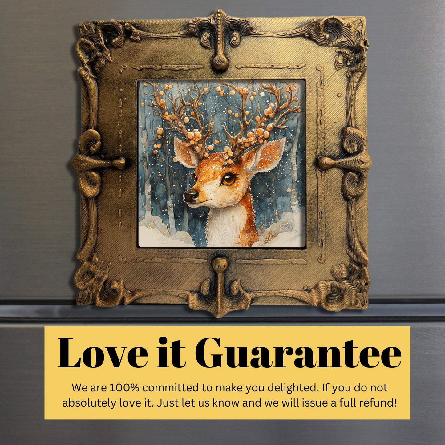 Reindeer Christmas Tiny Art Fridge Magnet Gold Framed Fridgescaping Art Picture Gallery Tiny Art Gift for Her Wife Mom