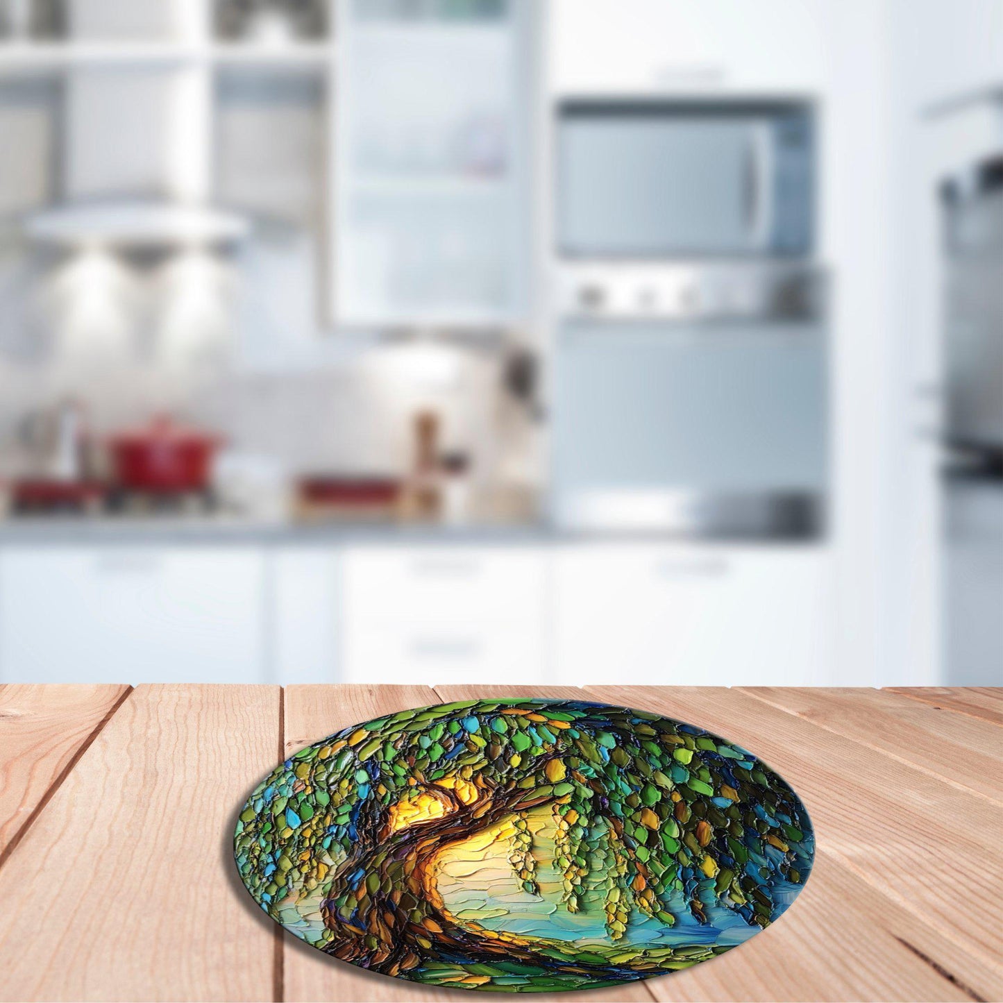 Weeping Willow Glass Cutting Board 8-inch Round Trivet Charcuterie Board Gift for Her Mom Kitchen Decor