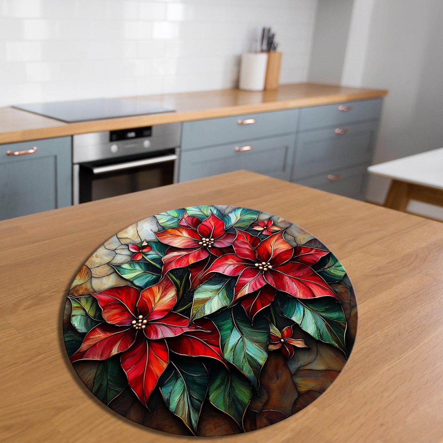 Christmas Floral Glass Cutting Board 8-inch Round Trivet Charcuterie Board Gift for Her Mom Kitchen Decor