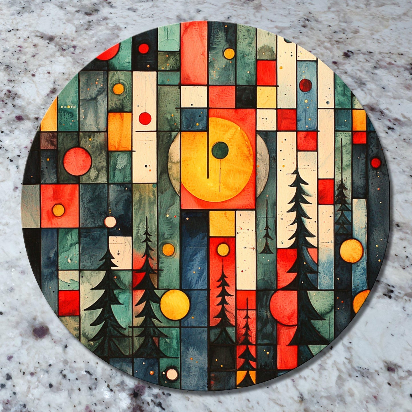 Geometric Pines in Winter Glass Cutting Board 8-inch Round Trivet Charcuterie Board Gift for Her Mom Kitchen Decor