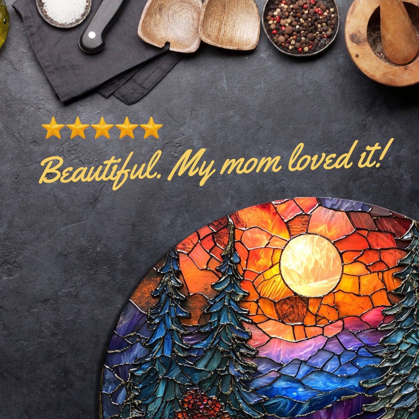 Winter Stream and Woods Glass Cutting Board 8-inch Round Trivet Charcuterie Board Gift for Her Mom Kitchen Decor