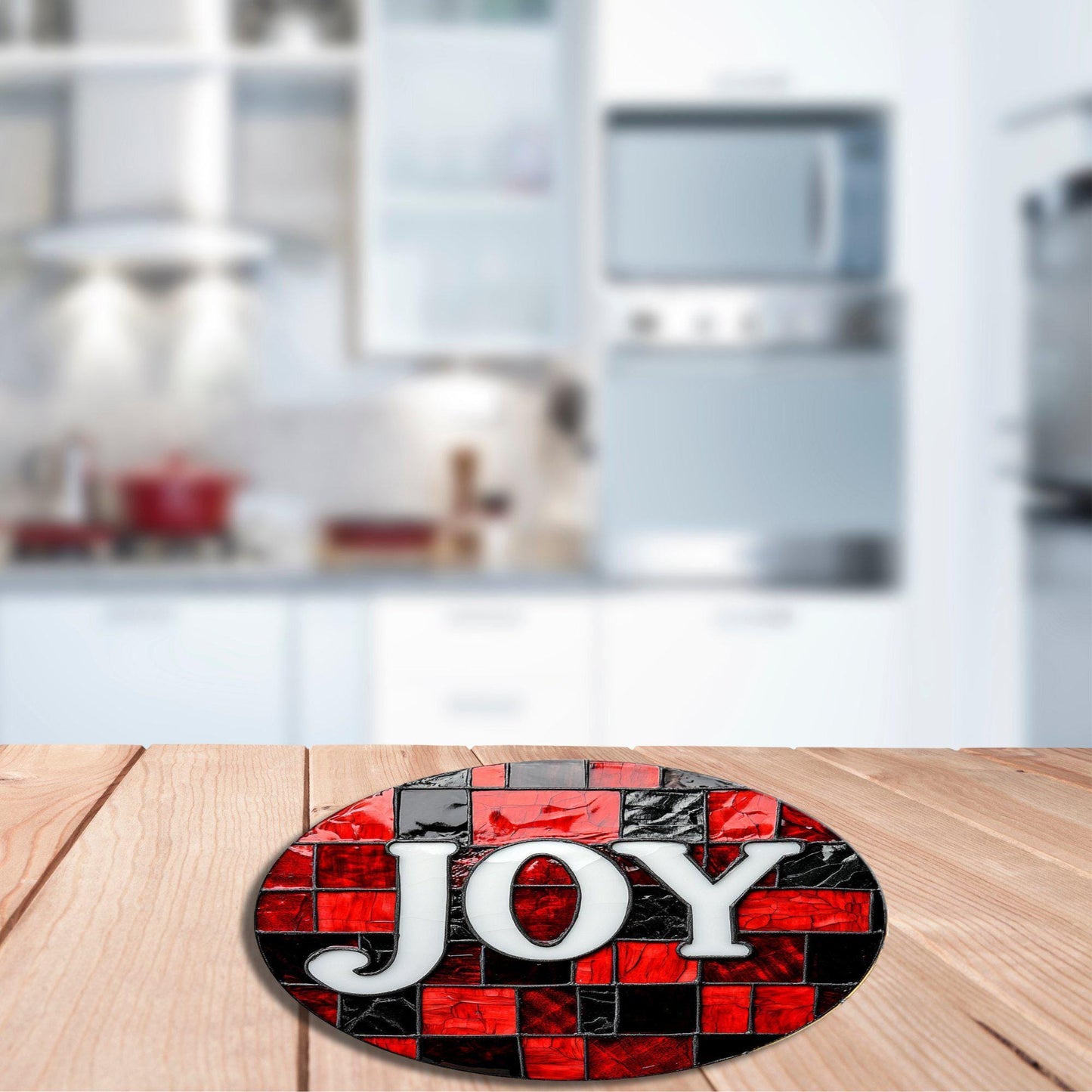 Joy on Red and Black Glass Cutting Board 8-inch Round Trivet Charcuterie Board Gift for Her Mom Kitchen Decor