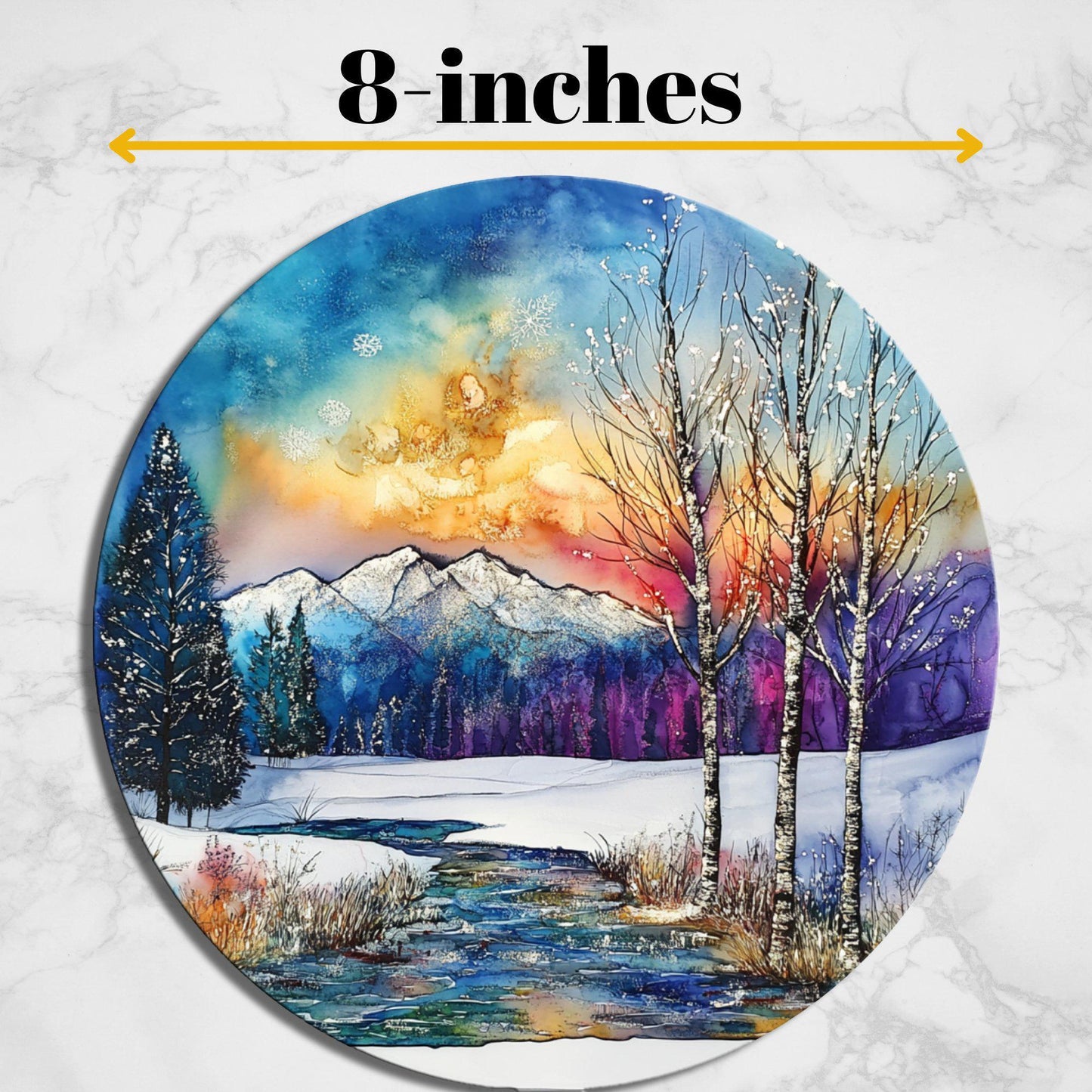 Peaceful Winter Meadow Glass Cutting Board 8-inch Round Trivet Charcuterie Board Gift for Her Mom Kitchen Decor