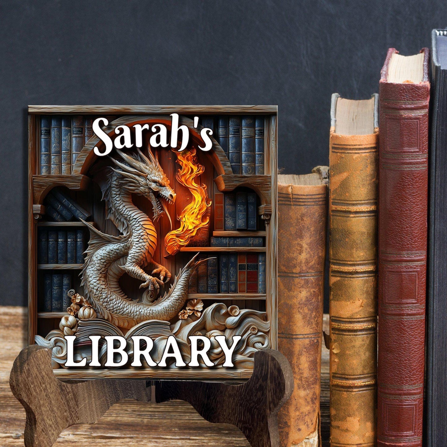 White Fiery Dragon Personalized Library Sign Fire Breathing Dragon Bookshelf Decor