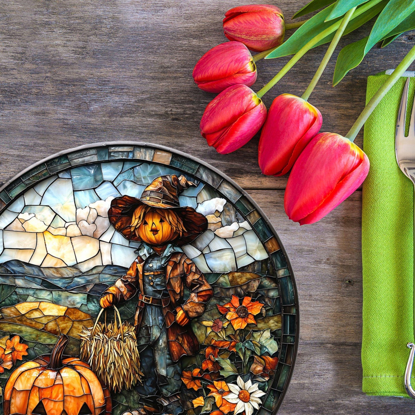 Pumpkin Scarecrow Glass Cutting Board Trivet Hot Plate Charcuterie Board Gift for Her Mom Christmas Housewarming