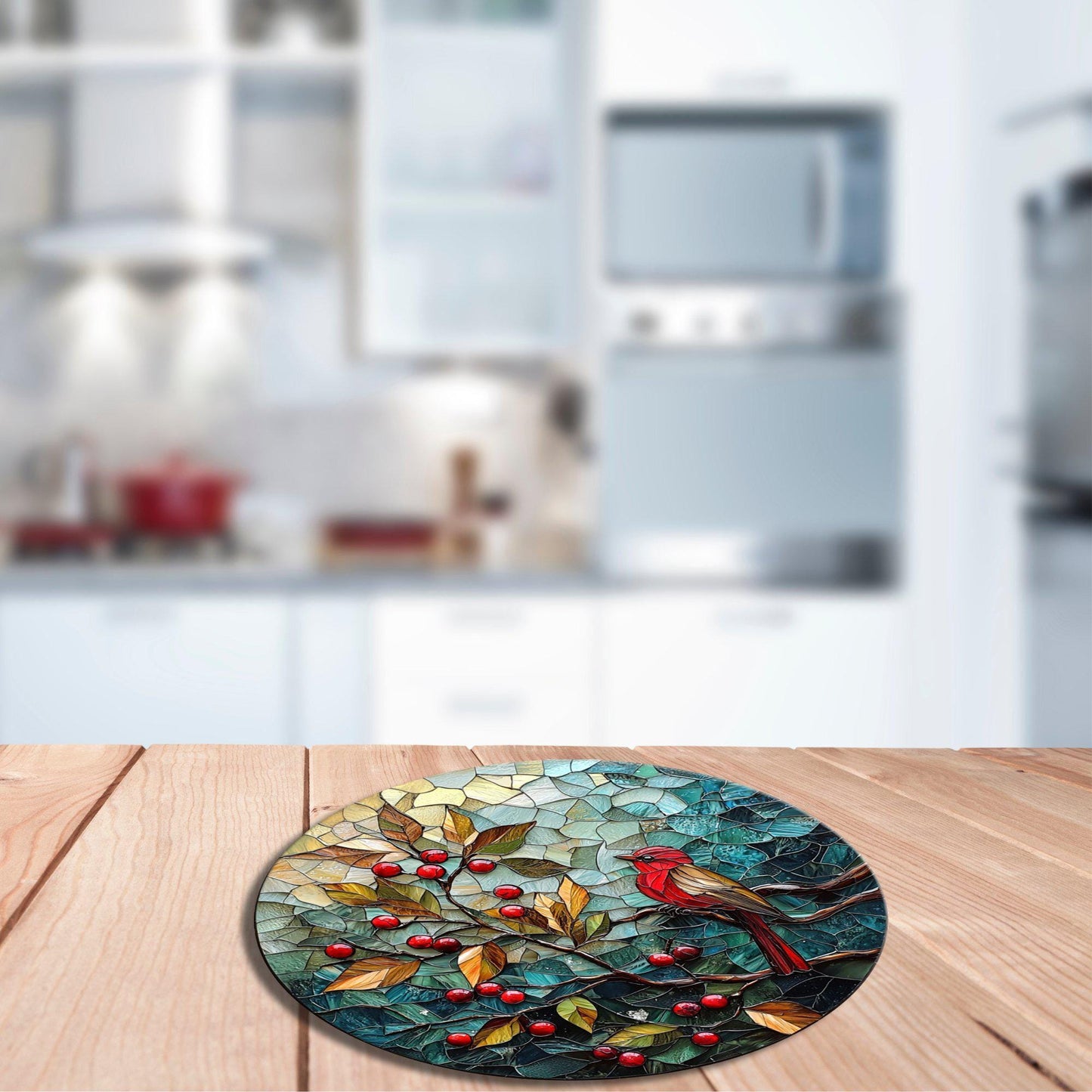 Red Bird Winter Glass Cutting Board 8-inch Round Trivet Charcuterie Board Gift for Her Mom Kitchen Decor