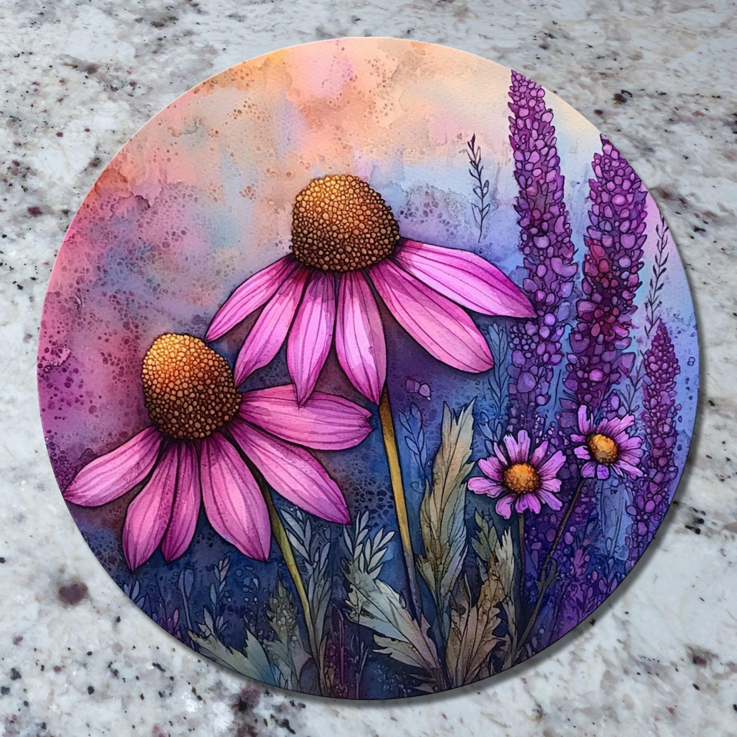 Cone Flower Glass Cutting Board 8-inch Round Trivet Charcuterie Board Gift for Her Mom Kitchen Decor