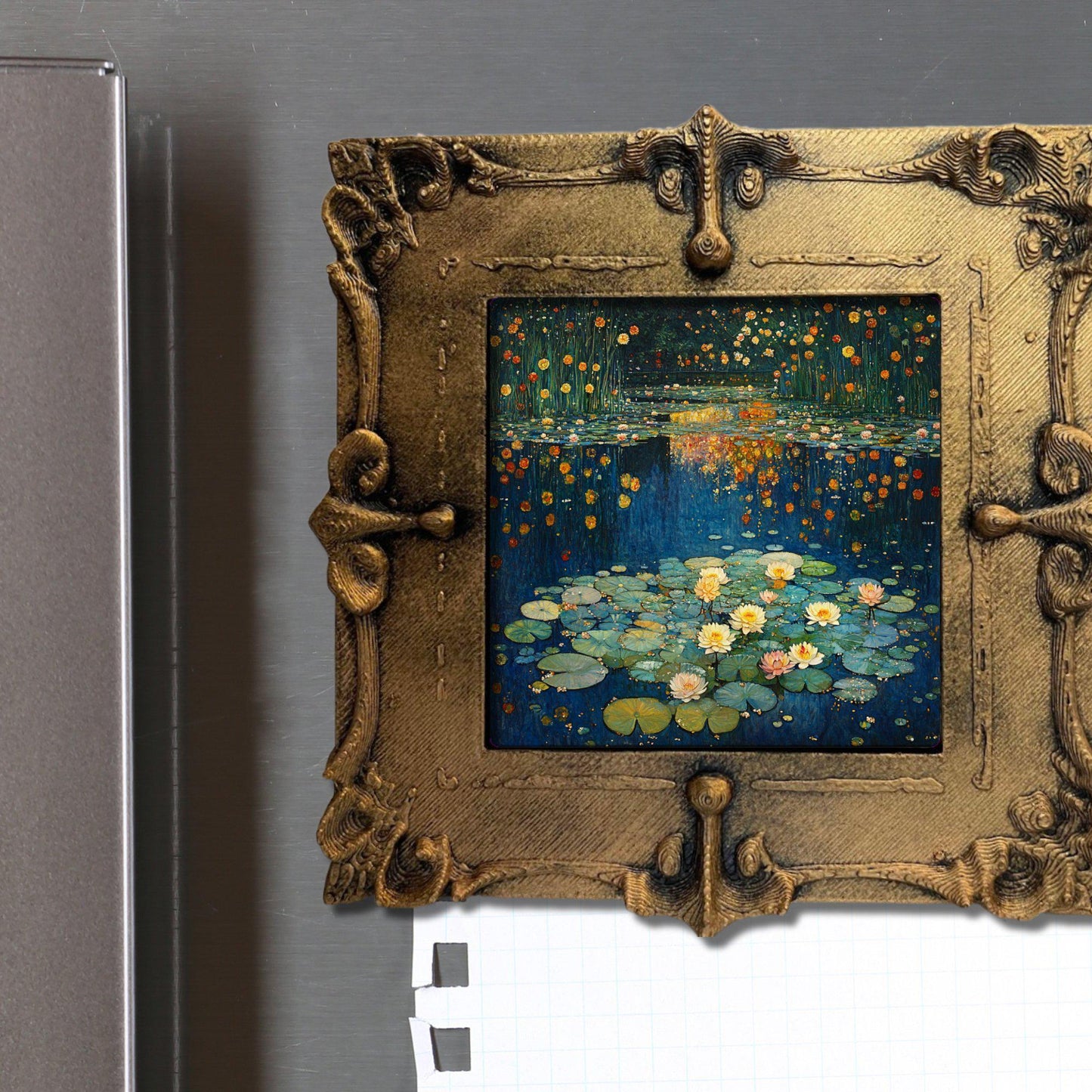 Water Lilies Gold Framed Refrigerator Magnet, Mini Art, Grand Millennial Style, Artful Kitchen Decor, Gift for Her fridgescaping