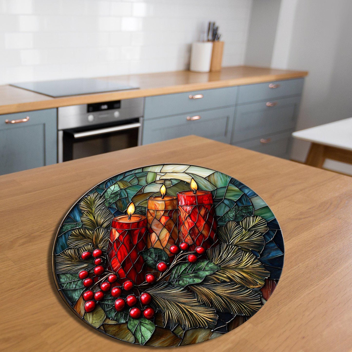 Christmas Candles Glass Cutting Board 8-inch Round Trivet Charcuterie Board Gift for Her Mom Kitchen Decor