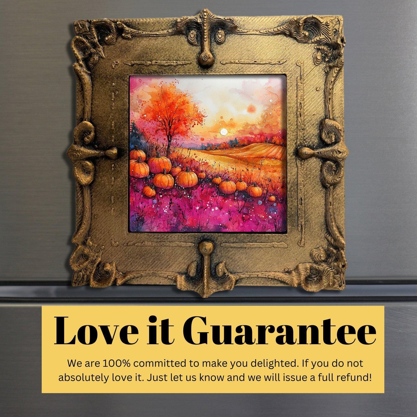 Pumpkins Pink and Orange Gold Framed Refrigerator Magnet, Mini Art, Grand Millennial Style, Artful Kitchen Decor, Gift for Her fridgescaping