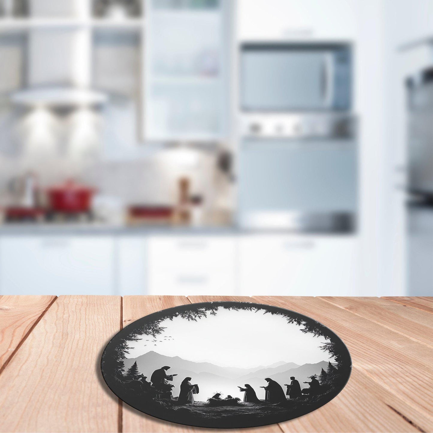 Silhouette Nativity Glass Cutting Board 8-inch Round Trivet Charcuterie Board Gift for Her Mom Kitchen Decor