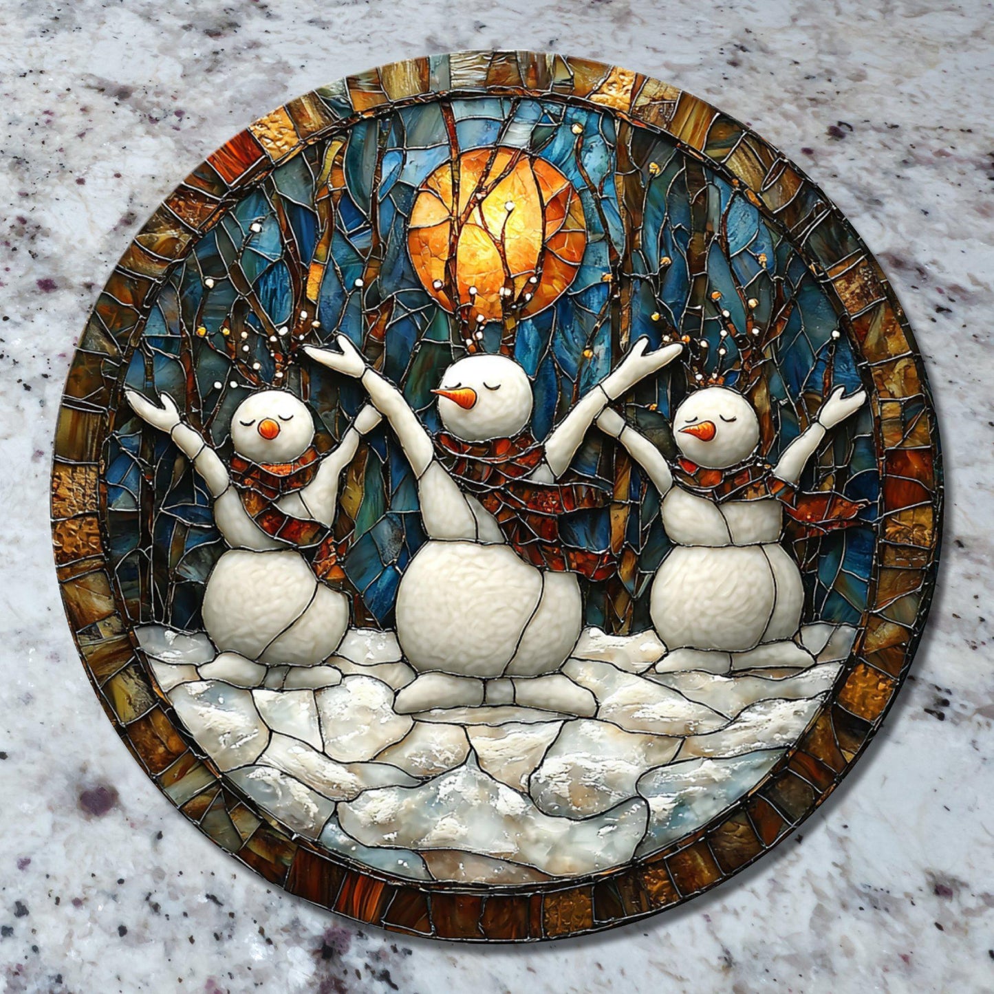 Snowman Yoga Class Glass Cutting Board 8-inch Round Trivet Charcuterie Board Gift for Her Mom Kitchen Decor