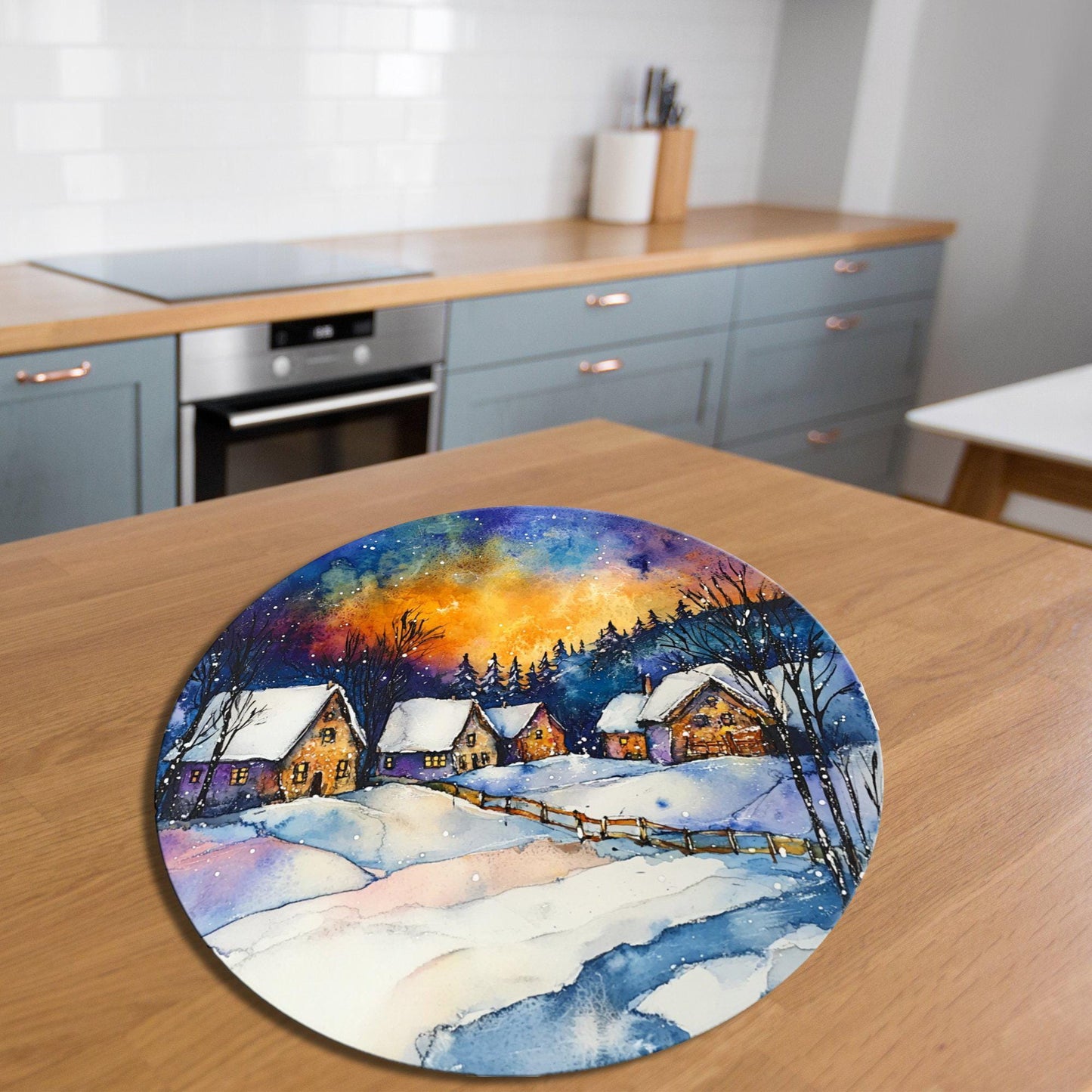 Northern Lights Christmas Glass Cutting Board 8-inch Round Trivet Charcuterie Board Gift for Her Mom Kitchen Decor