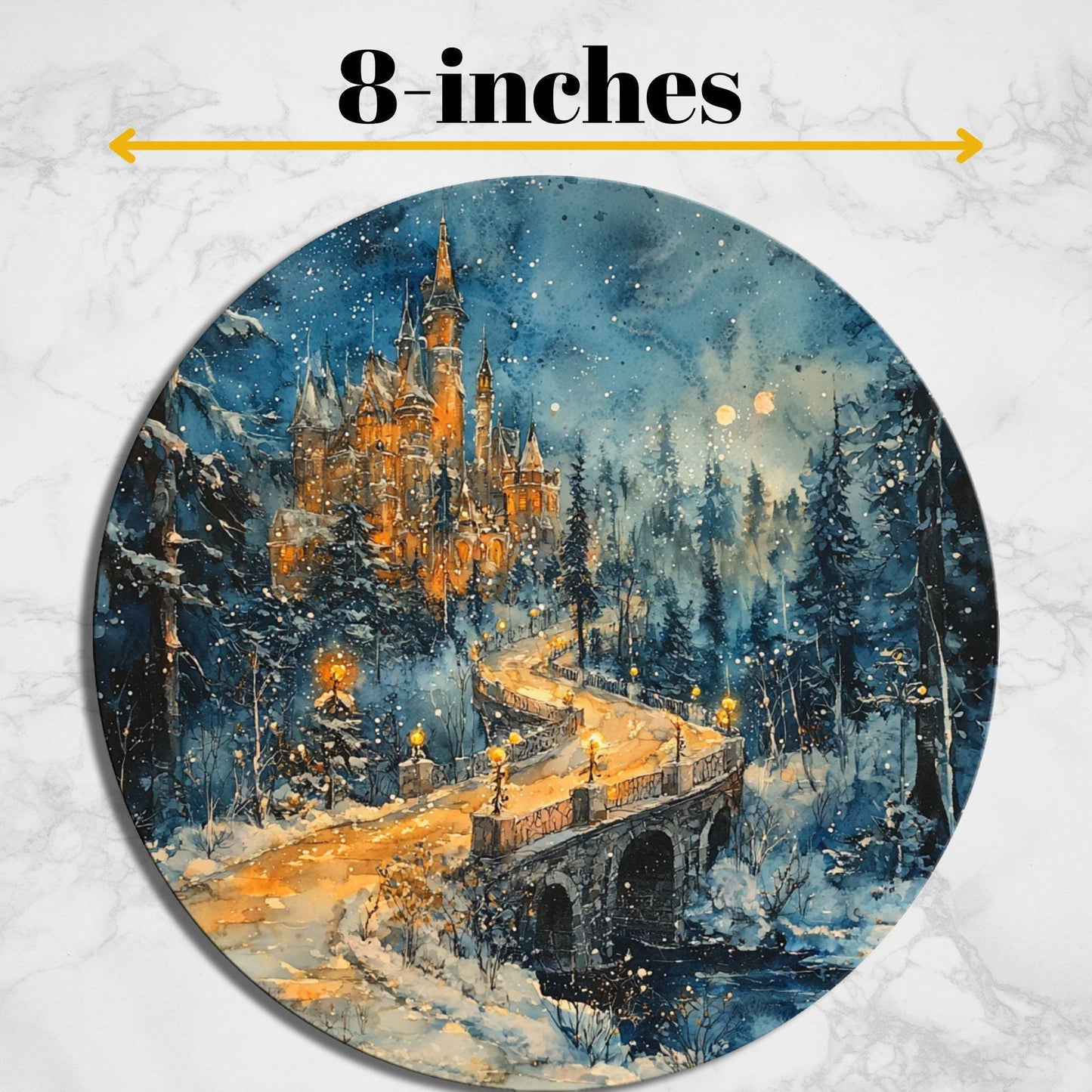 Christmas Winter Castle Glass Cutting Board 8-inch Round Trivet Charcuterie Board Gift for Her Mom Kitchen Decor