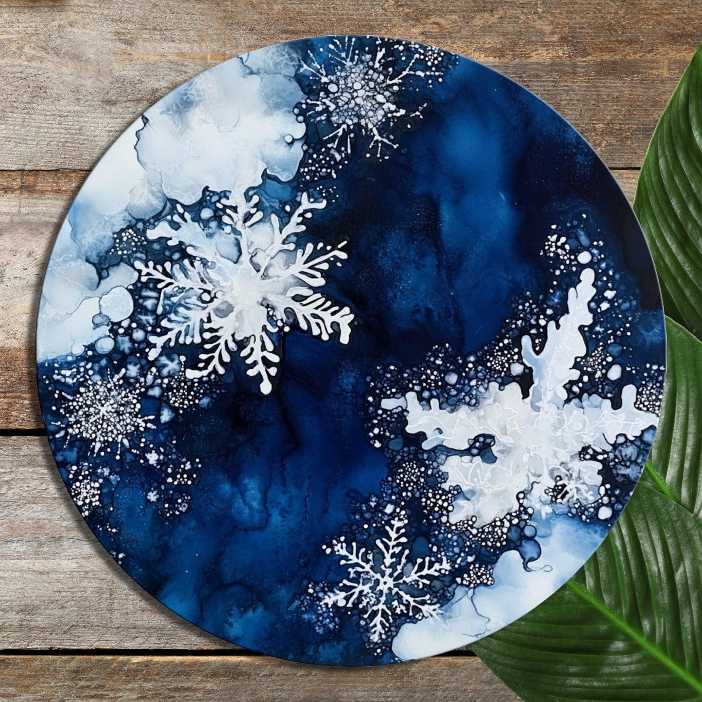 Snowflakes on Deep Blue Glass Cutting Board 8-inch Round Trivet Charcuterie Board Gift for Her Mom Kitchen Decor