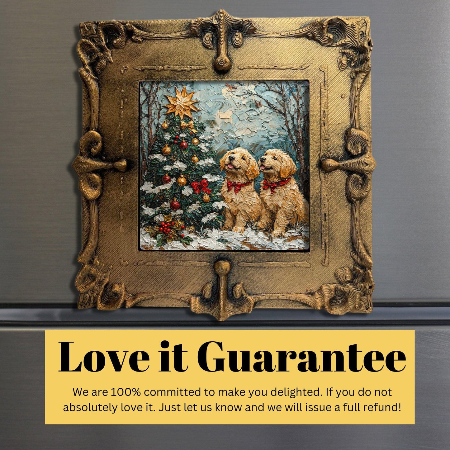 Puppy Christmas Tree Tiny Art Fridge Magnet Gold Framed Fridgescaping Art Picture Gallery Tiny Art Gift for Her Wife Mom