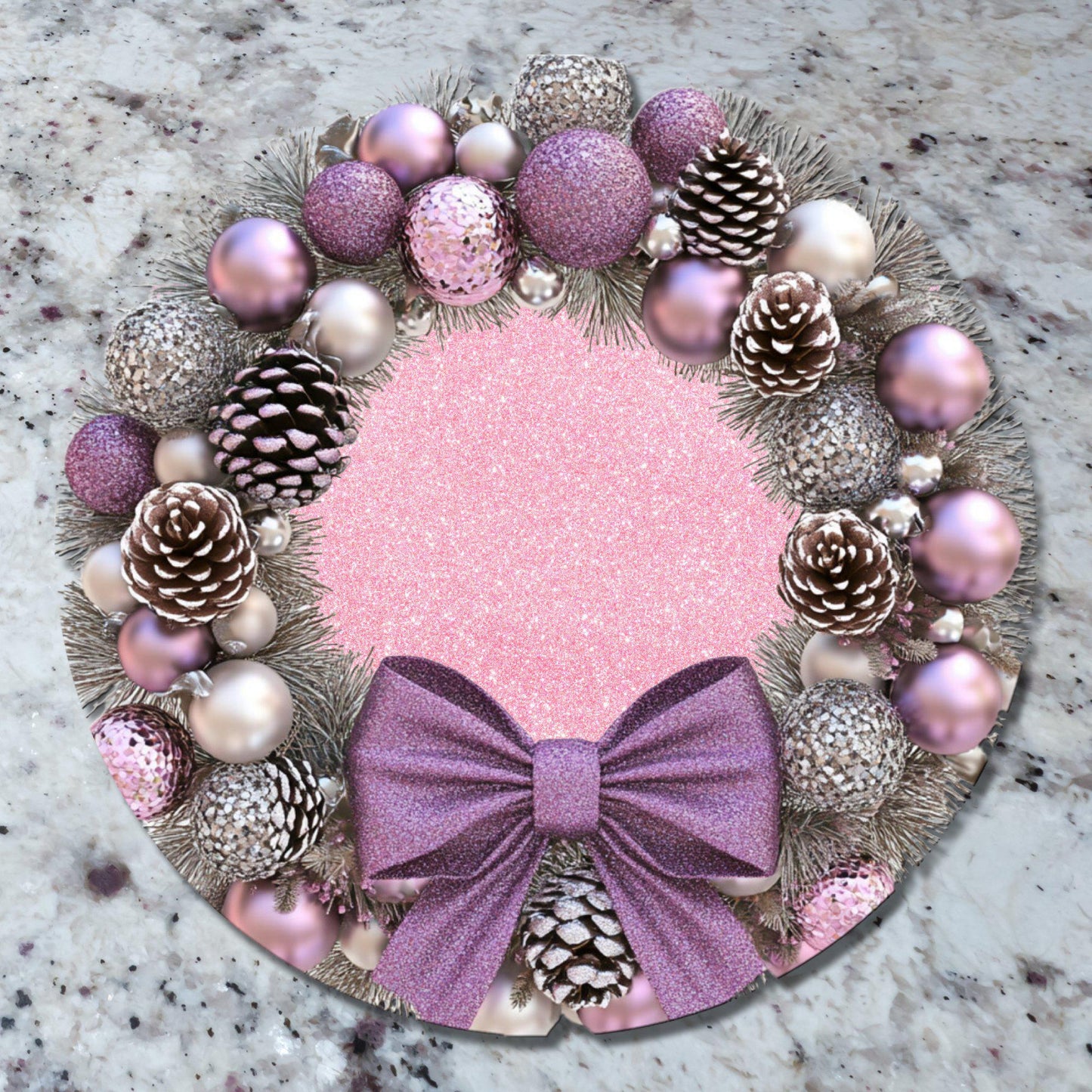 Pink and Pearl Christmas Wreath Glass Cutting Board 8-inch Round Trivet Charcuterie Board Gift for Her Mom Kitchen Decor