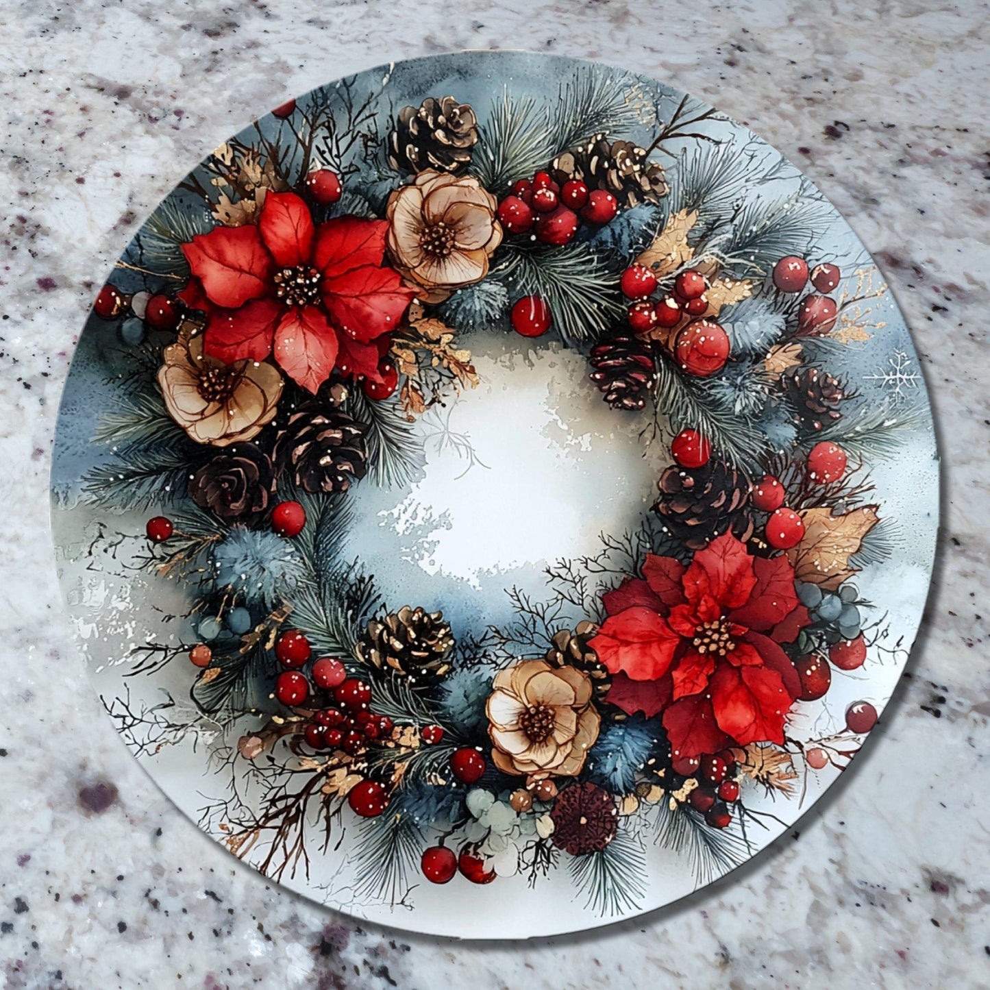 Winter Wreath Glass Cutting Board 8-inch Round Trivet Charcuterie Board Gift for Her Mom Kitchen Decor