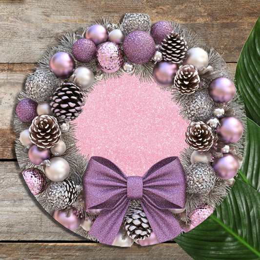 Pink and Pearl Christmas Wreath Glass Cutting Board 8-inch Round Trivet Charcuterie Board Gift for Her Mom Kitchen Decor