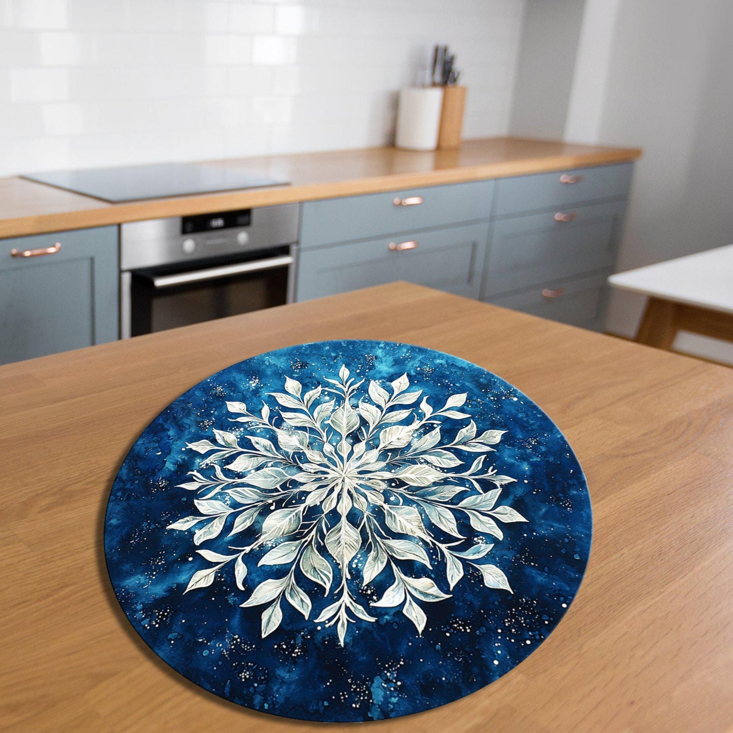 Snowflake on Blue Glass Cutting Board 8-inch Round Trivet Charcuterie Board Gift for Her Mom Kitchen Decor