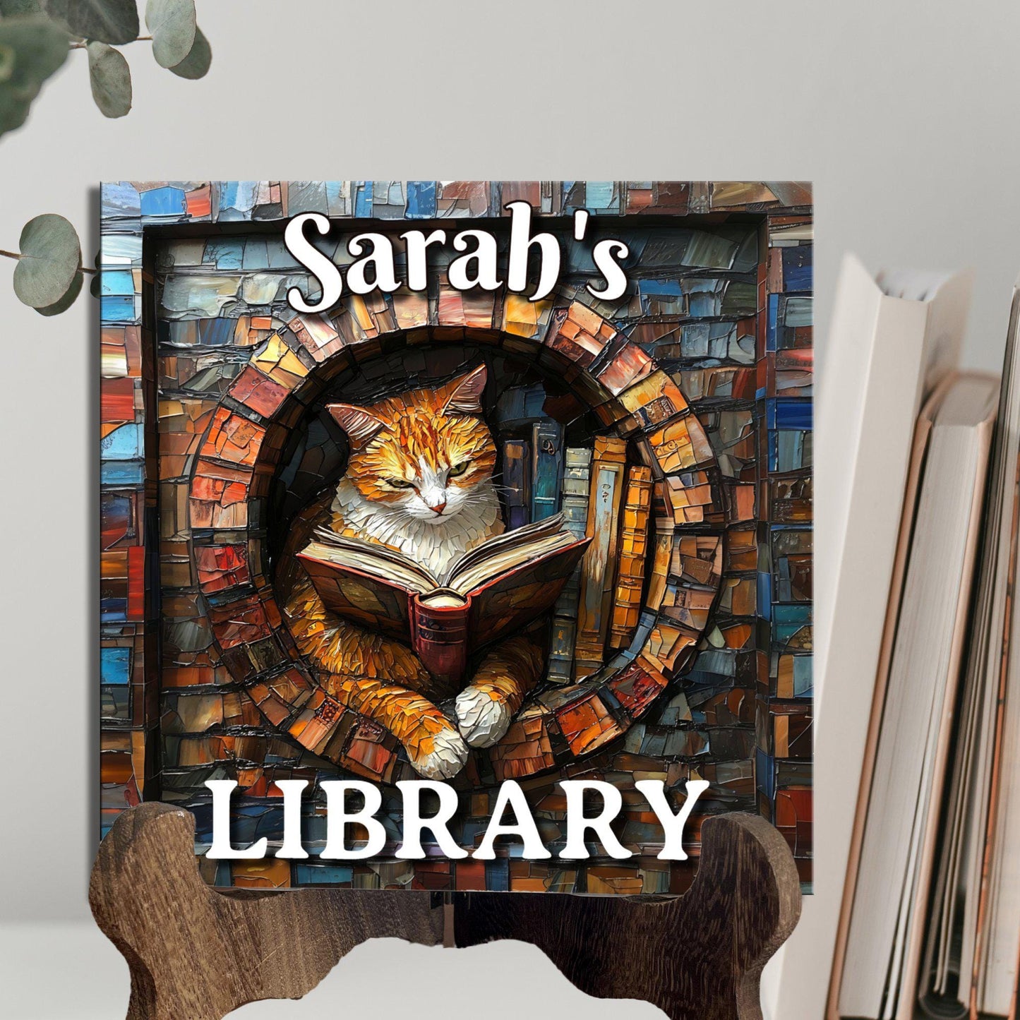 Cat Reading Personalized Library Sign Bookful Catful Petful Cat Lover Reader Gift