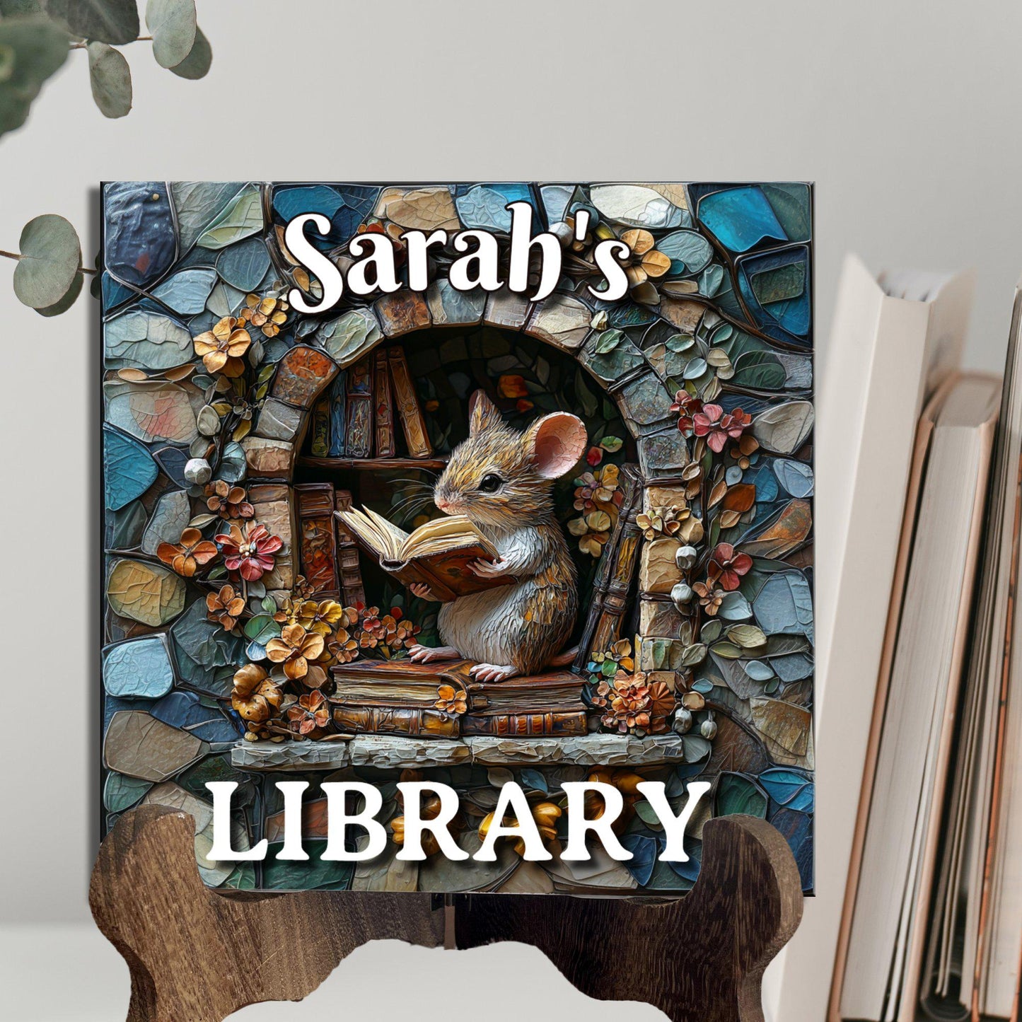 Mouse Reading Personalized Library Sign Book Lover Bookworm Biblio Gift Book Nook Shelf Decor Booktoker-Gift for Bookish