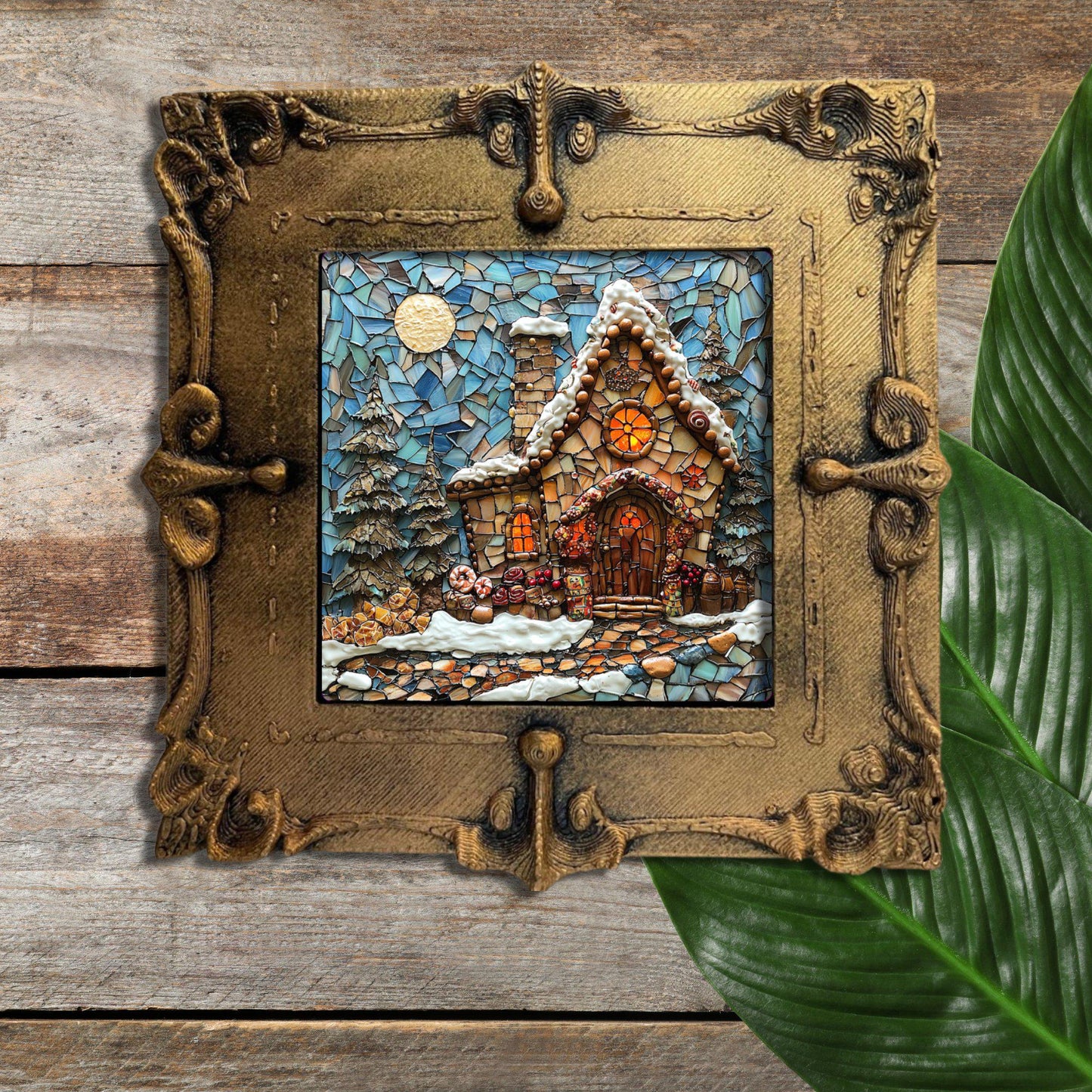 Gingerbread Stained Glass Tiny Art Fridge Magnet Gold Framed Fridgescaping Art Picture Gallery Tiny Art Gift for Her Wife Mom