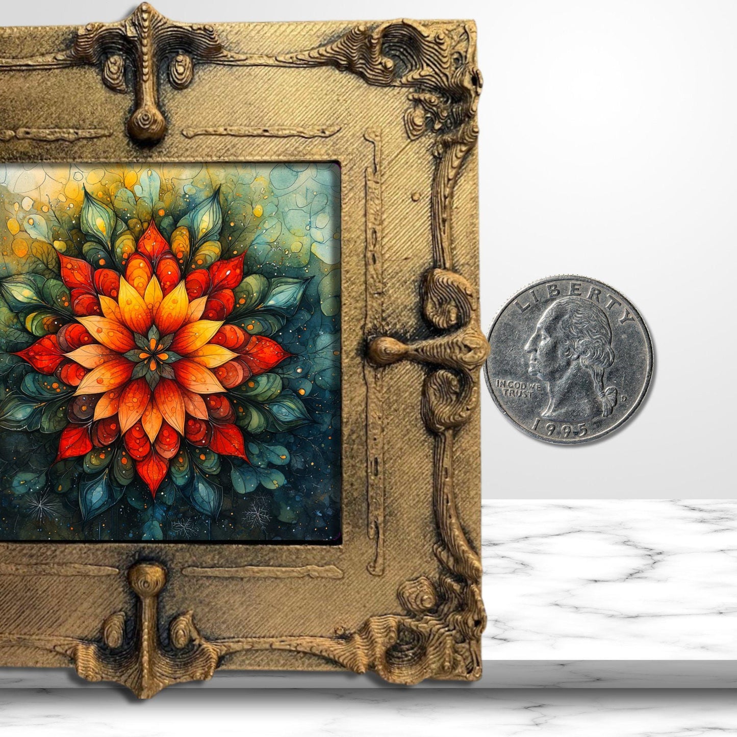 Christmas Themed Mandala Tiny Art Fridge Magnet Gold Framed Fridgescaping Art Picture Gallery Tiny Art Gift for Her Wife Mom