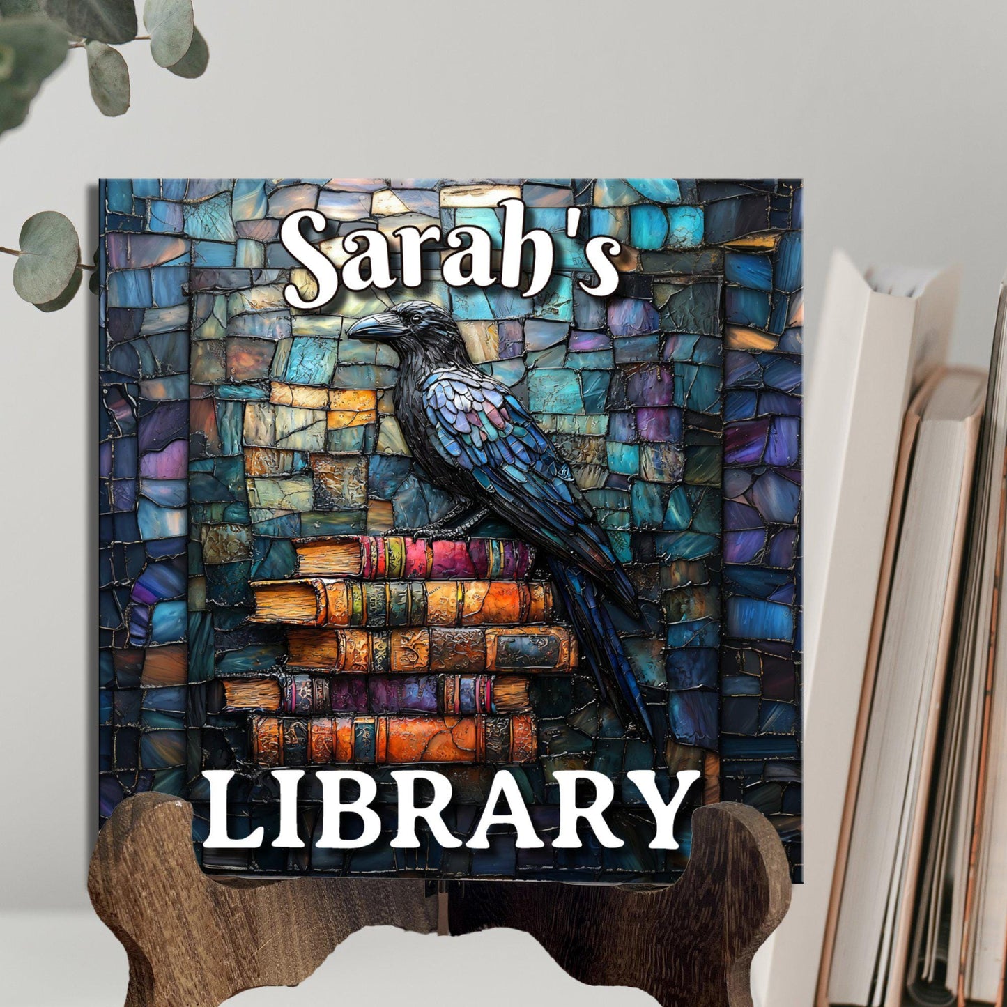 Raven Stack of Books Personalized Library Sign Book Lover Bookworm Biblio Gift Book Nook Shelf Decor Booktoker-Gift for Bookish