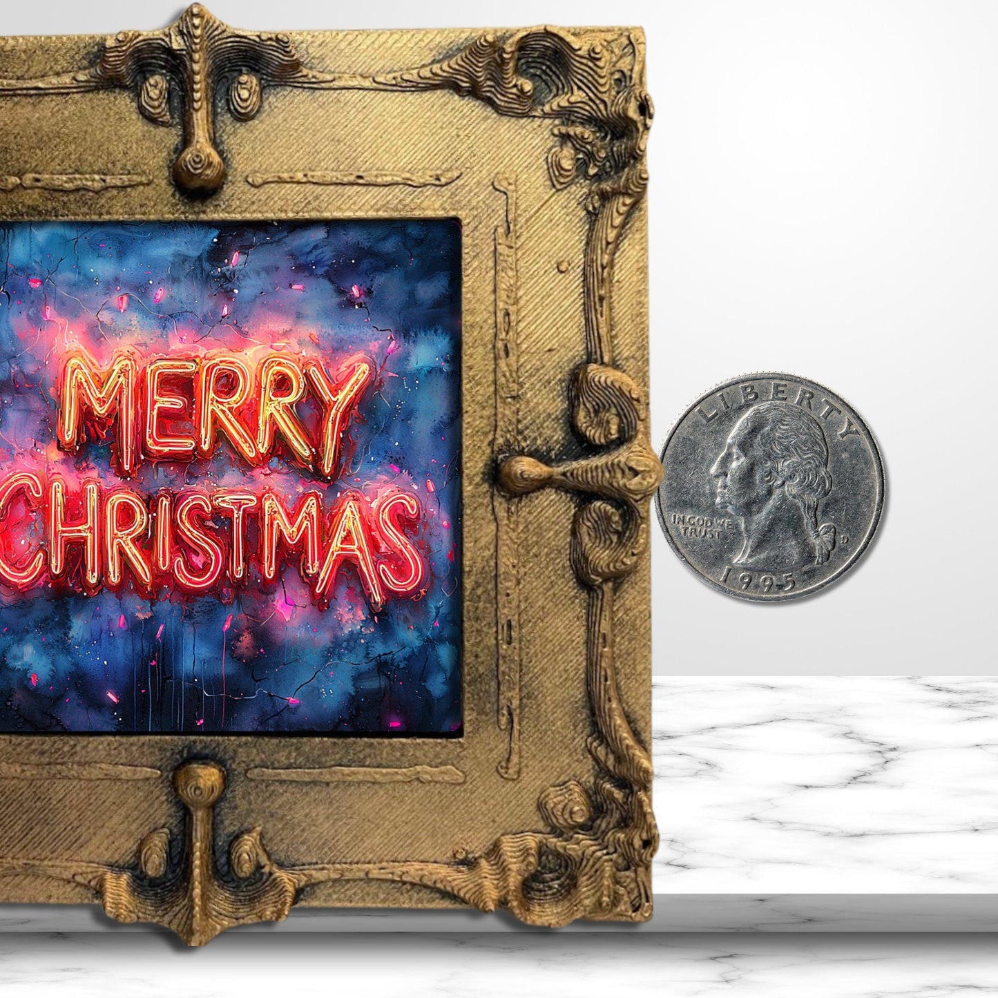 Merry Christmas Sign Tiny Art Fridge Magnet Gold Framed Fridgescaping Art Picture Gallery Tiny Art Gift for Her Wife Mom