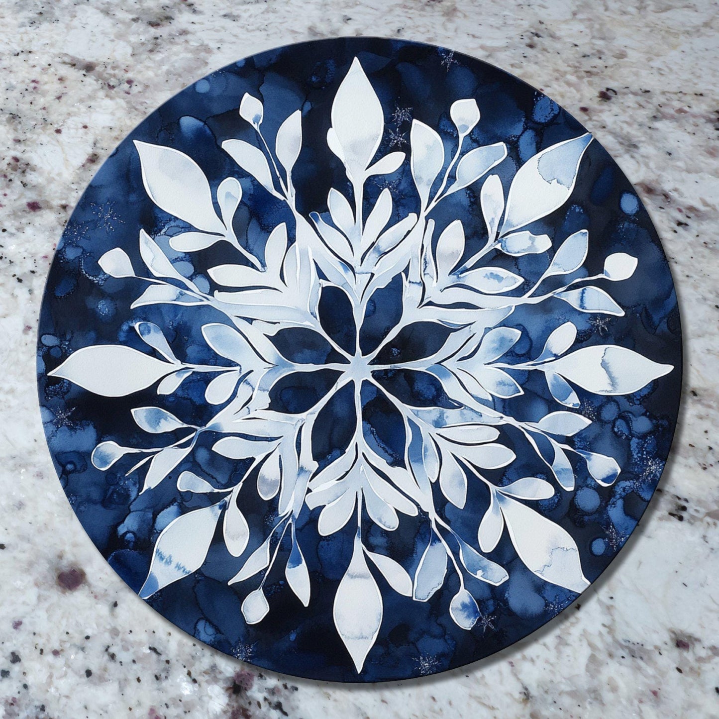 Scandinavian Snowflake Glass Cutting Board 8-inch Round Trivet Charcuterie Board Gift for Her Mom Kitchen Decor