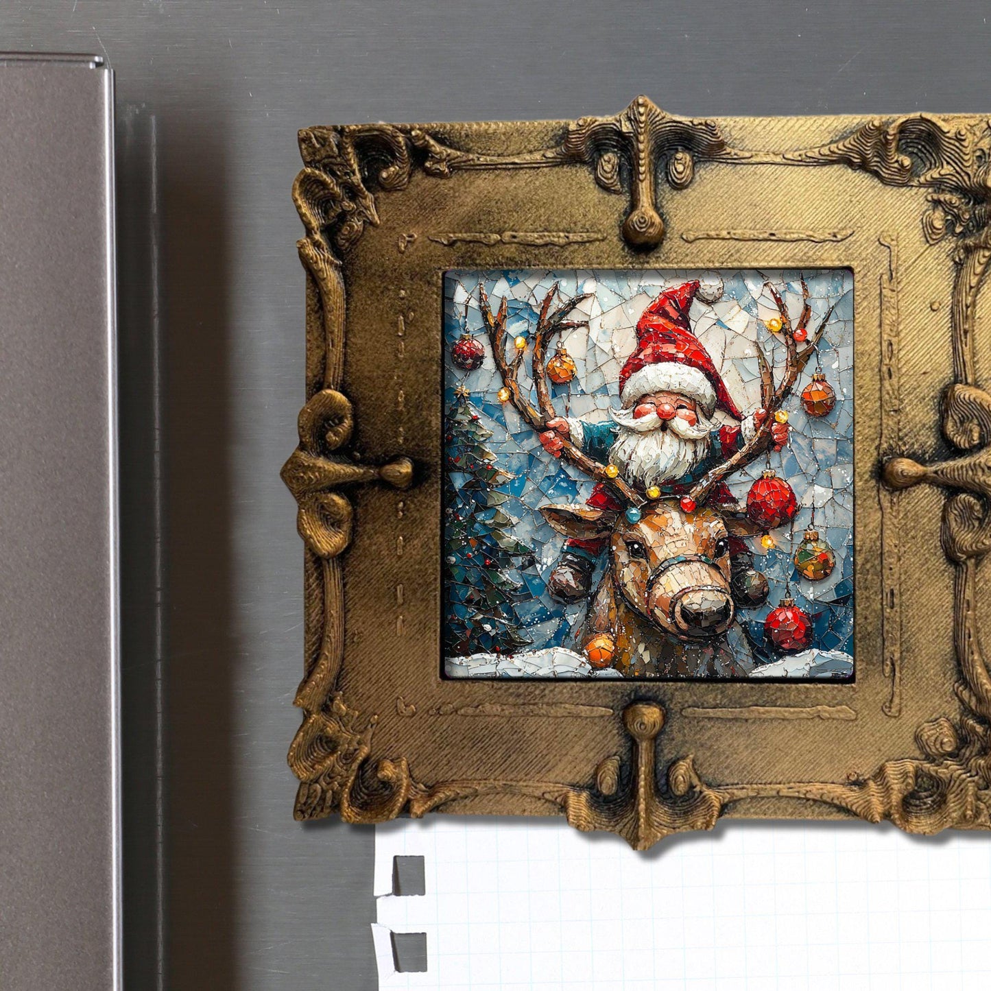 Christmas Gnome on Reindeer Tiny Art Fridge Magnet Gold Framed Fridgescaping Art Picture Gallery Tiny Art Gift for Her Wife Mom