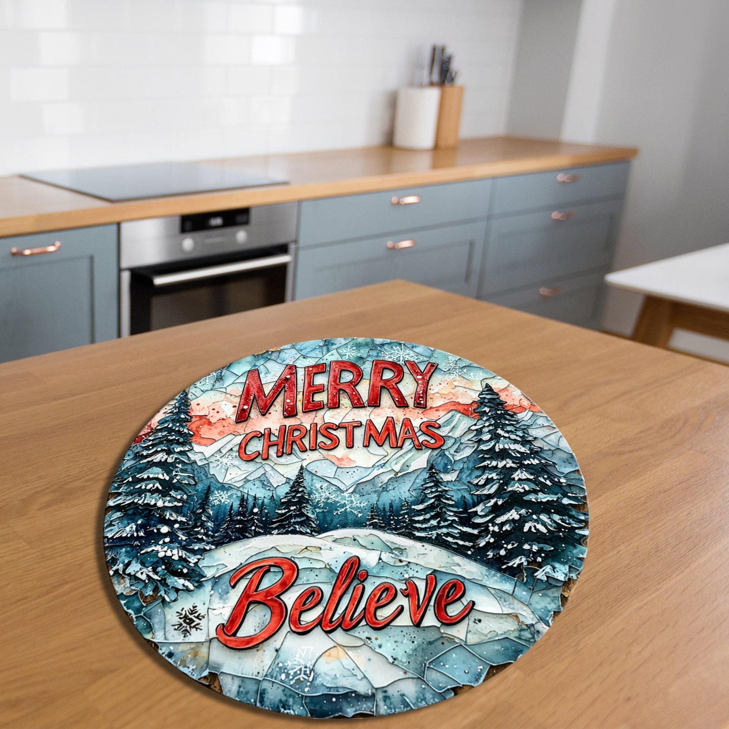 Merry Christmas Believe Glass Cutting Board 8-inch Round Trivet Charcuterie Board Gift for Her Mom Kitchen Decor