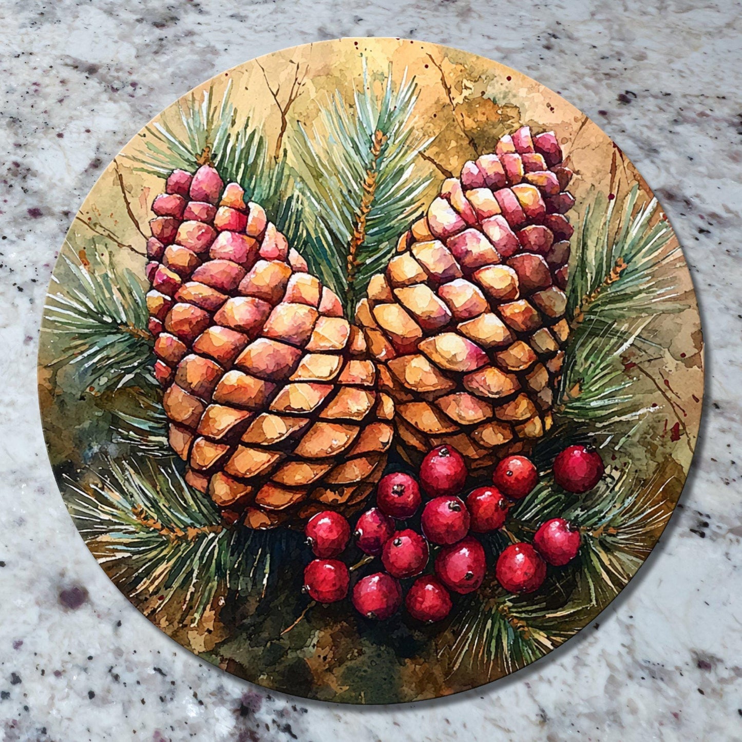 Pinecones and Red Berries Glass Cutting Board 8-inch Round Trivet Charcuterie Board Gift for Her Mom Kitchen Decor